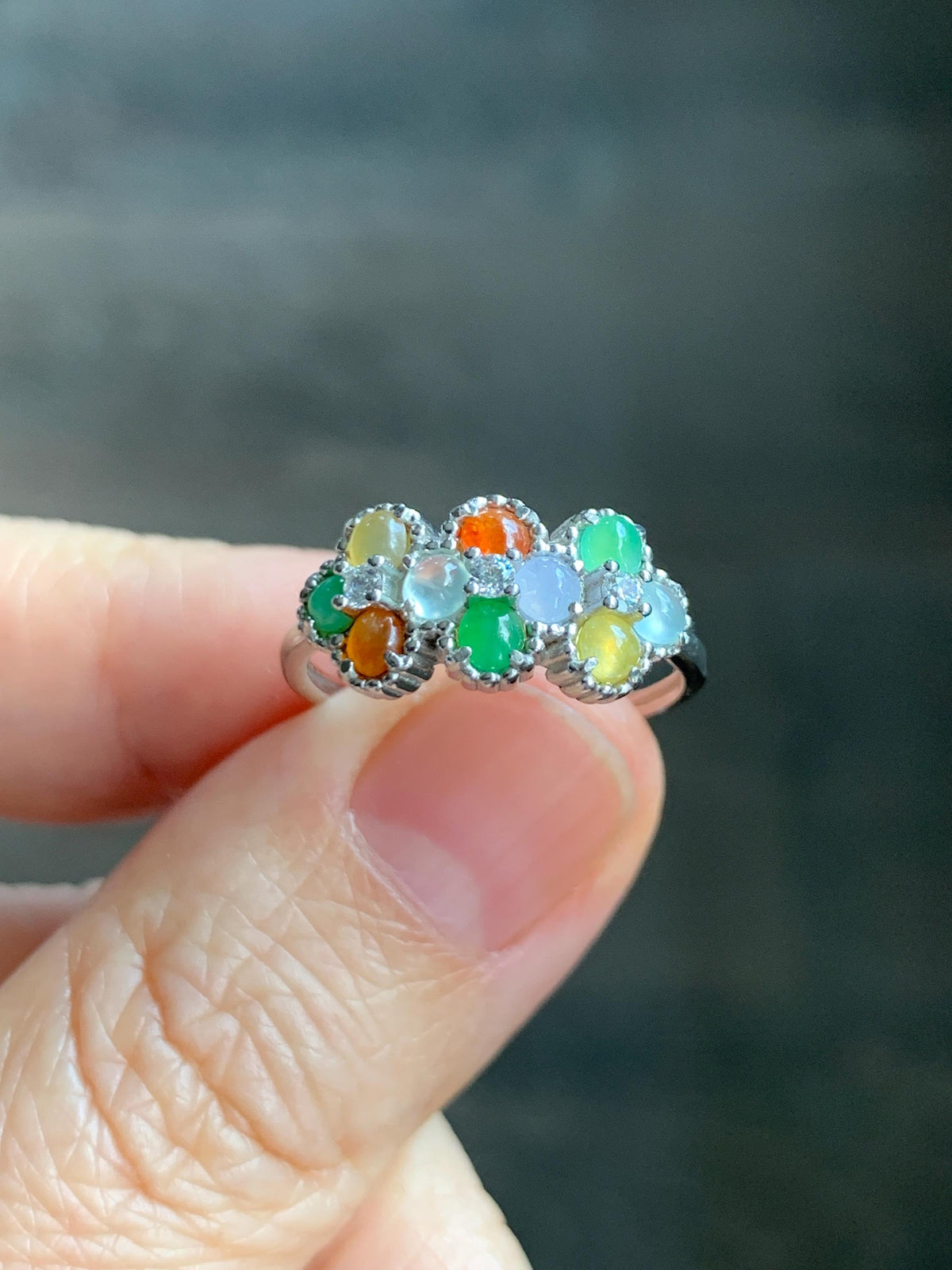 Certified Natural Grade A Icy Translucent Multicolored Jade Jadeite Ring Sterling Silver Size 7 US Adjustable 2.48g 天然冰多宝翡翠银镶戒指 1158