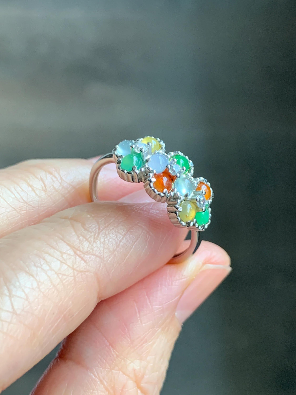 Certified Natural Grade A Icy Translucent Multicolored Jade Jadeite Ring Sterling Silver Size 7 US Adjustable 2.48g 天然冰多宝翡翠银镶戒指 1158