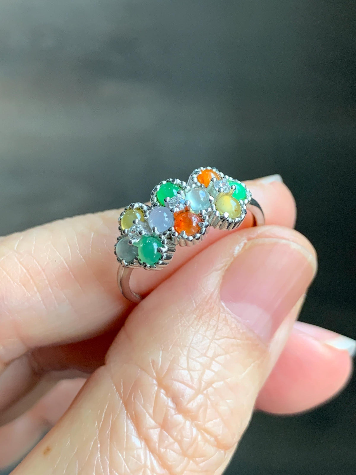 Certified Natural Grade A Icy Translucent Multicolored Jade Jadeite Ring Sterling Silver Size 7 US Adjustable 2.48g 天然冰多宝翡翠银镶戒指 1158