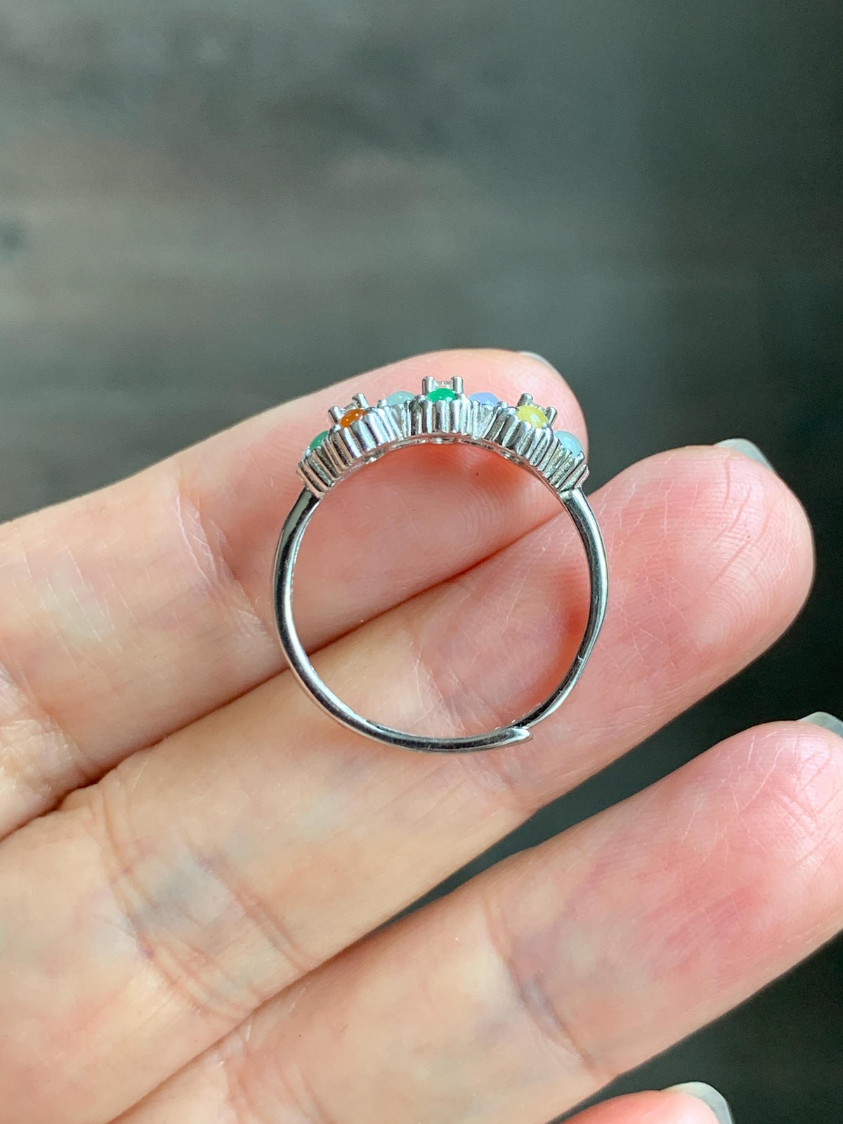 Certified Natural Grade A Icy Translucent Multicolored Jade Jadeite Ring Sterling Silver Size 7 US Adjustable 2.48g 天然冰多宝翡翠银镶戒指 1158