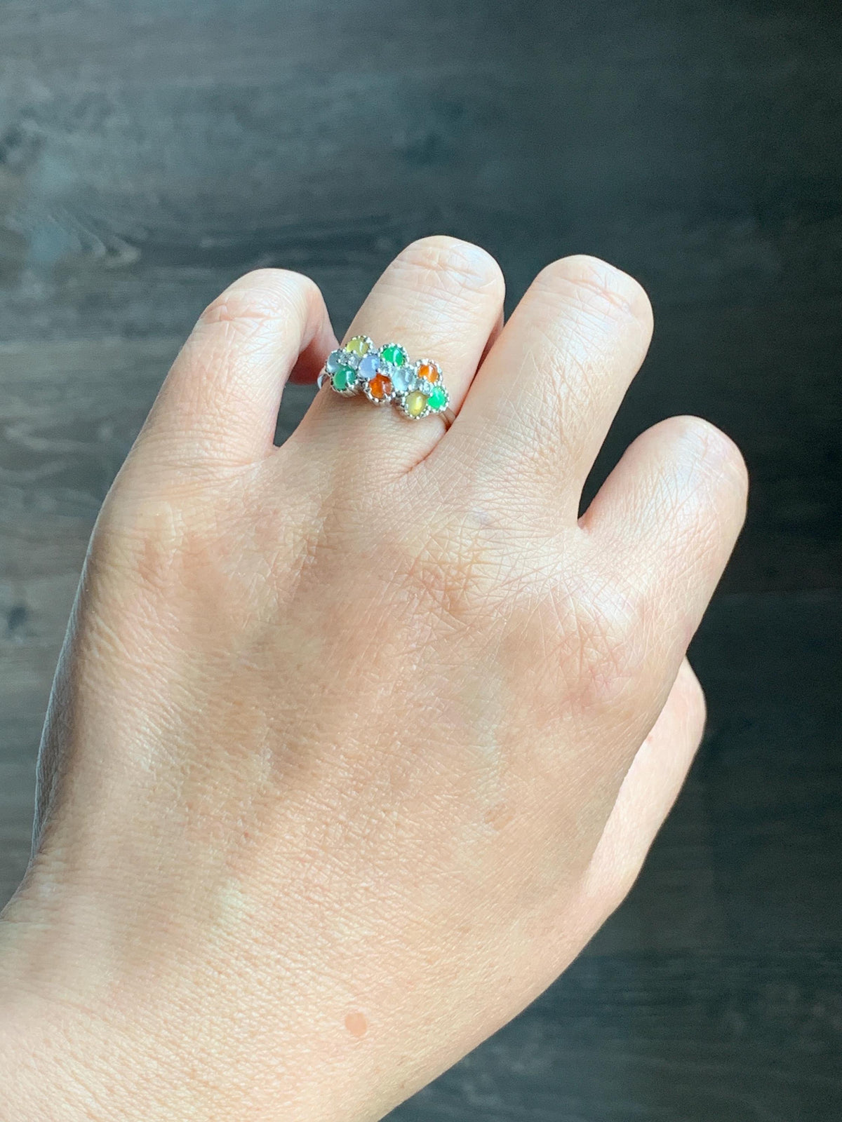 Certified Natural Grade A Icy Translucent Multicolored Jade Jadeite Ring Sterling Silver Size 7 US Adjustable 2.48g 天然冰多宝翡翠银镶戒指 1158