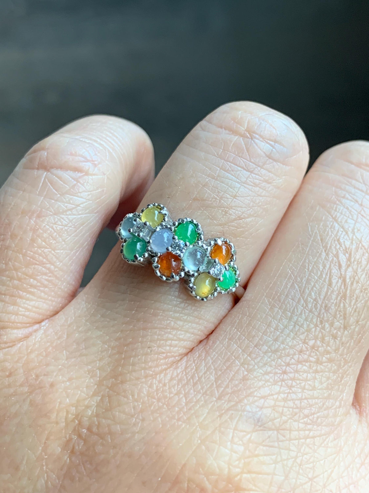 Certified Natural Grade A Icy Translucent Multicolored Jade Jadeite Ring Sterling Silver Size 7 US Adjustable 2.48g 天然冰多宝翡翠银镶戒指 1158