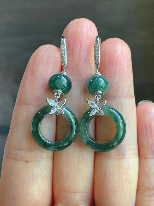 Certified Natural Grade A Icy Highly Translucent Green Marbled Jade Jadeite Ping An Ring Earrings Sterling Silver 8g 天然冰胶飘花翡翠平安圈镶嵌耳钩 1159