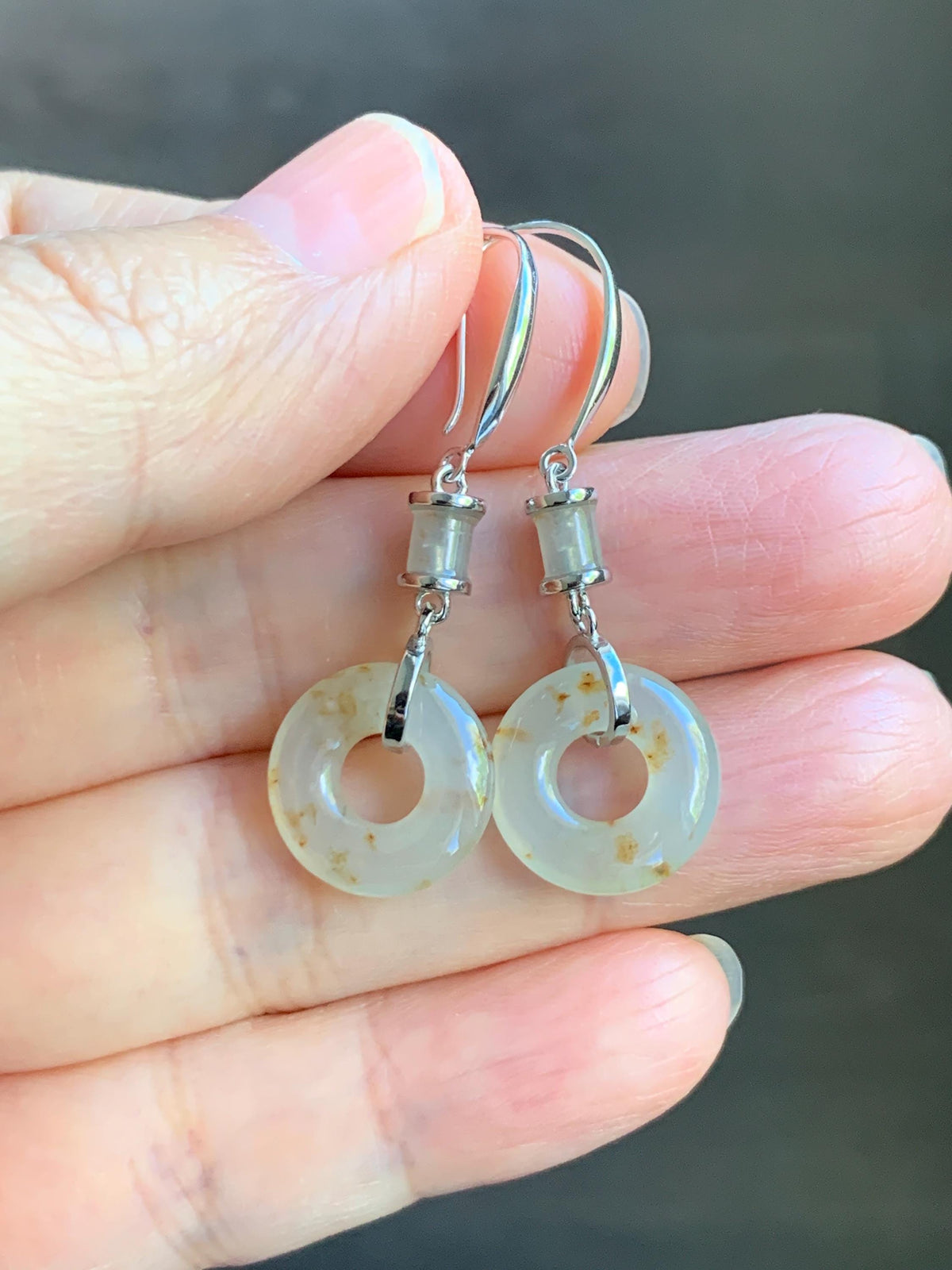Natural Grade A Icy Translucent Beige Golden Marbled Jade Jadeite Ping An Kou Donut Dangle Earrings Sterling Silver 3g 天然冰胶撒金翡翠平安扣耳钩 MSJ212