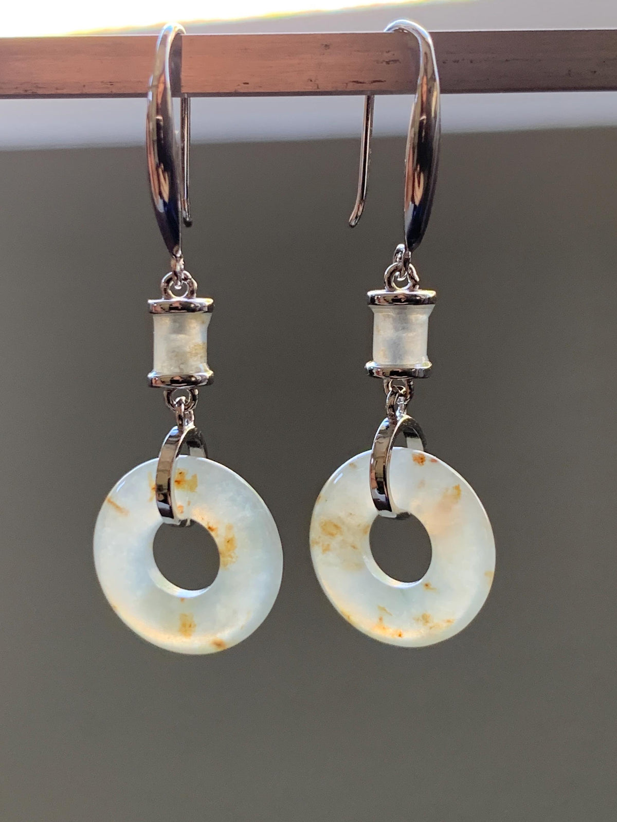 Natural Grade A Icy Translucent Beige Golden Marbled Jade Jadeite Ping An Kou Donut Dangle Earrings Sterling Silver 3g 天然冰胶撒金翡翠平安扣耳钩 MSJ212
