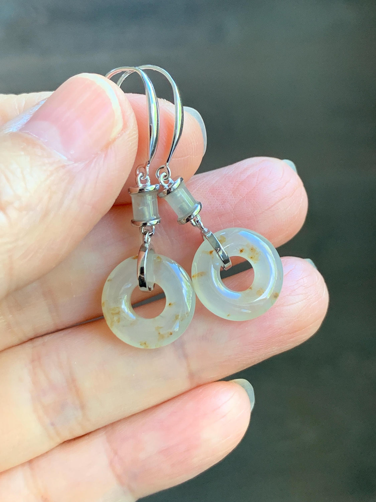 Natural Grade A Icy Translucent Beige Golden Marbled Jade Jadeite Ping An Kou Donut Dangle Earrings Sterling Silver 3g 天然冰胶撒金翡翠平安扣耳钩 MSJ212