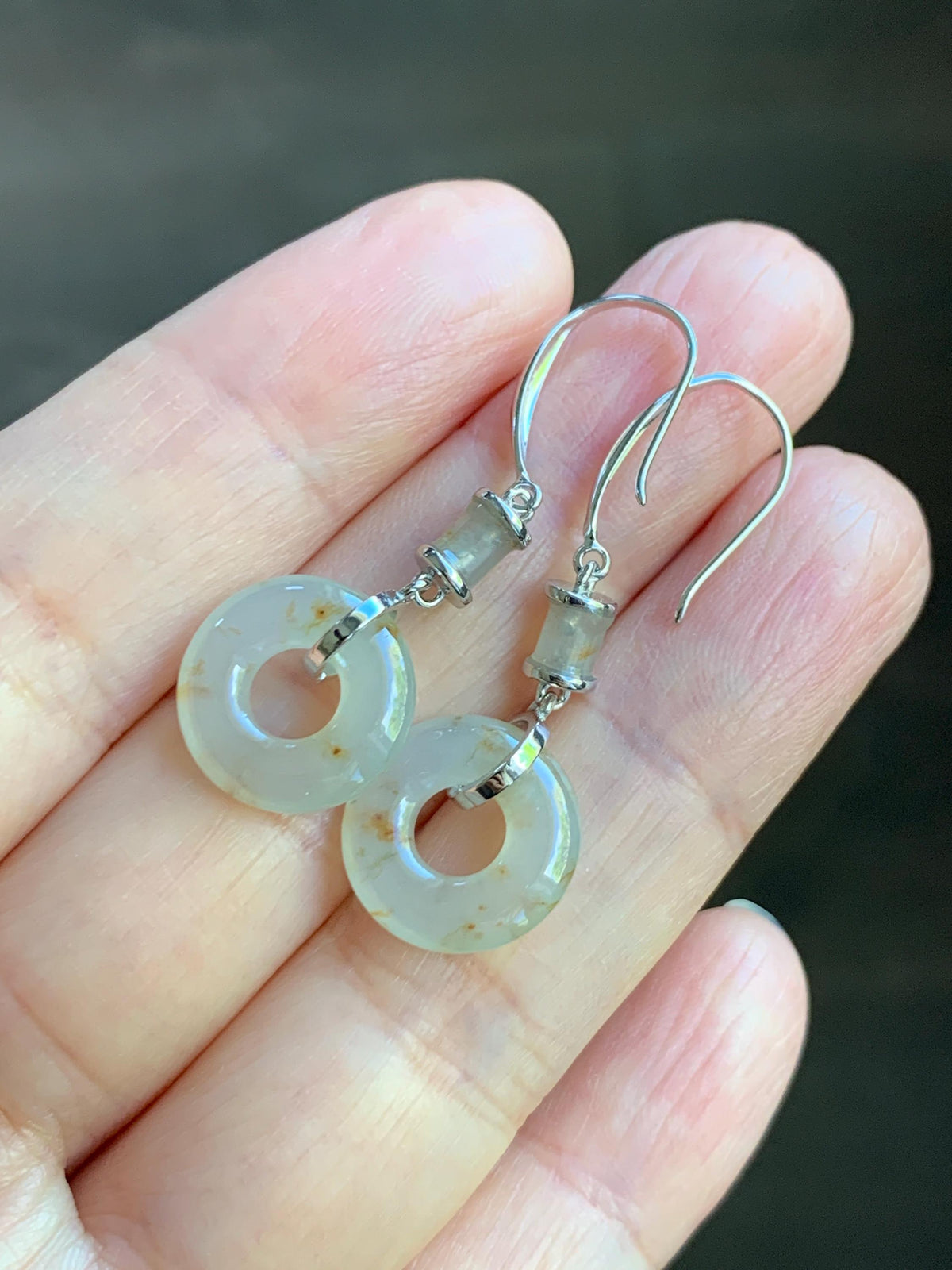Natural Grade A Icy Translucent Beige Golden Marbled Jade Jadeite Ping An Kou Donut Dangle Earrings Sterling Silver 3g 天然冰胶撒金翡翠平安扣耳钩 MSJ212