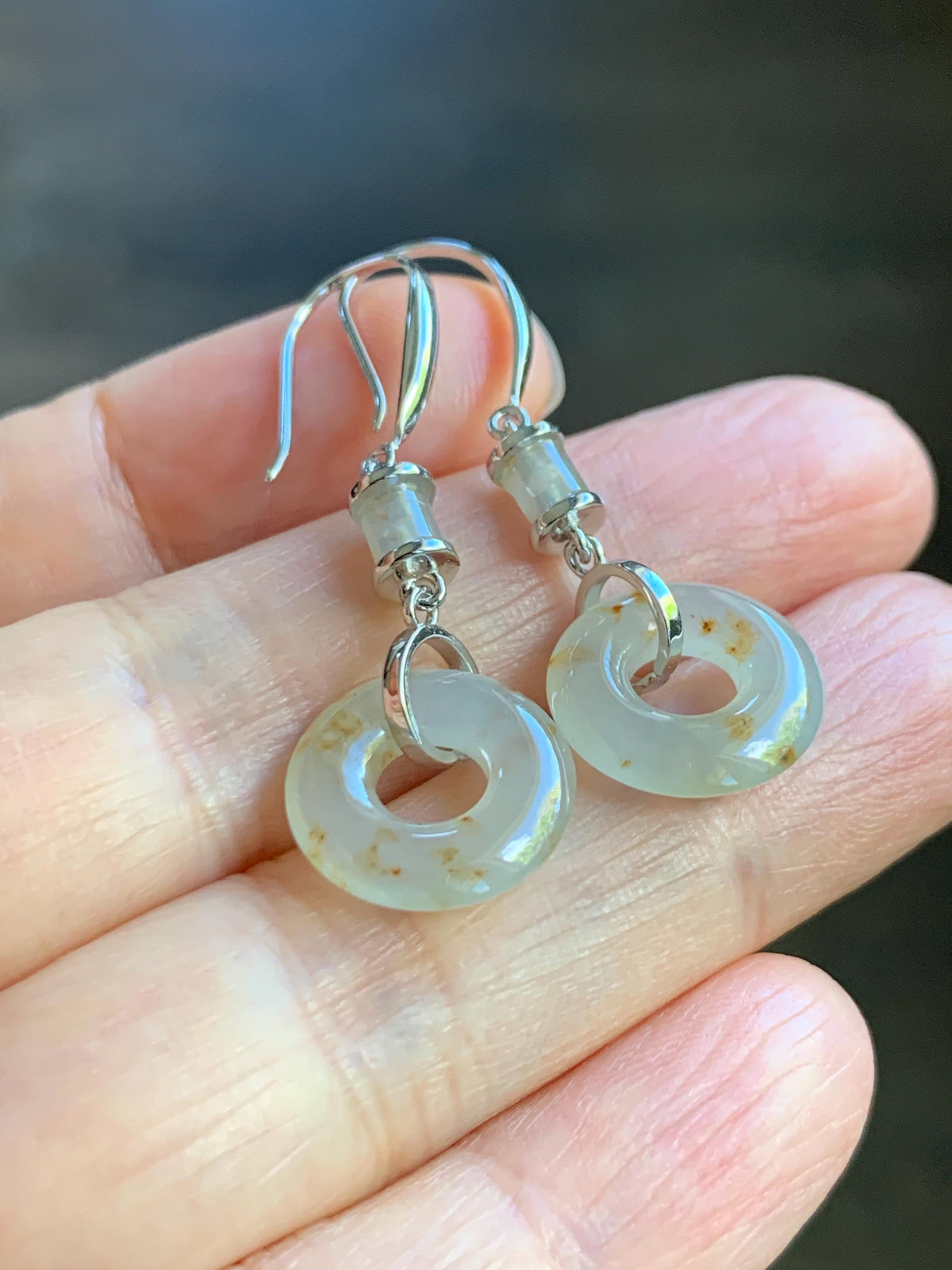 Natural Grade A Icy Translucent Beige Golden Marbled Jade Jadeite Ping An Kou Donut Dangle Earrings Sterling Silver 3g 天然冰胶撒金翡翠平安扣耳钩 MSJ212