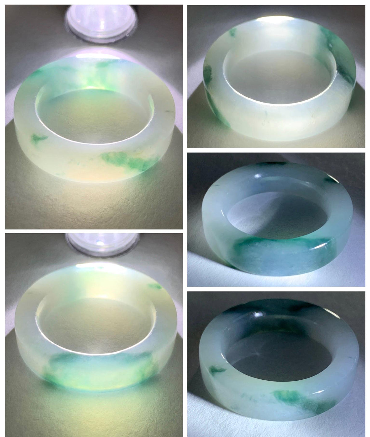 Certified Natural Grade A Icy Translucent Teal Green Marbled Jade Jadeite Square Edged Band Ring Size 8.75 US 6.23g 天然冰胶白飘花翡翠角戒戒圈 1174