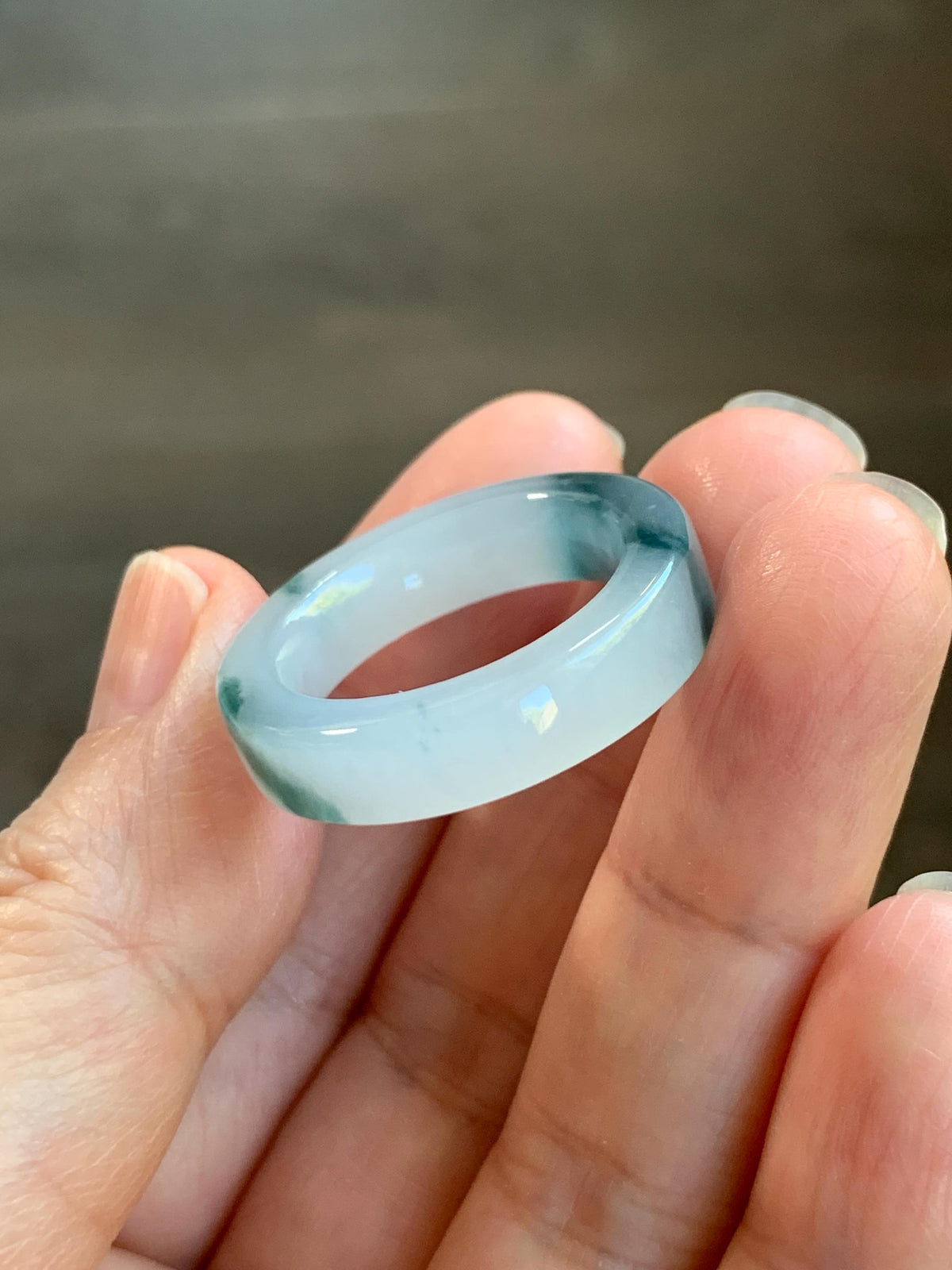 Certified Natural Grade A Icy Translucent Teal Green Marbled Jade Jadeite Square Edged Band Ring Size 8.75 US 6.23g 天然冰胶白飘花翡翠角戒戒圈 1174