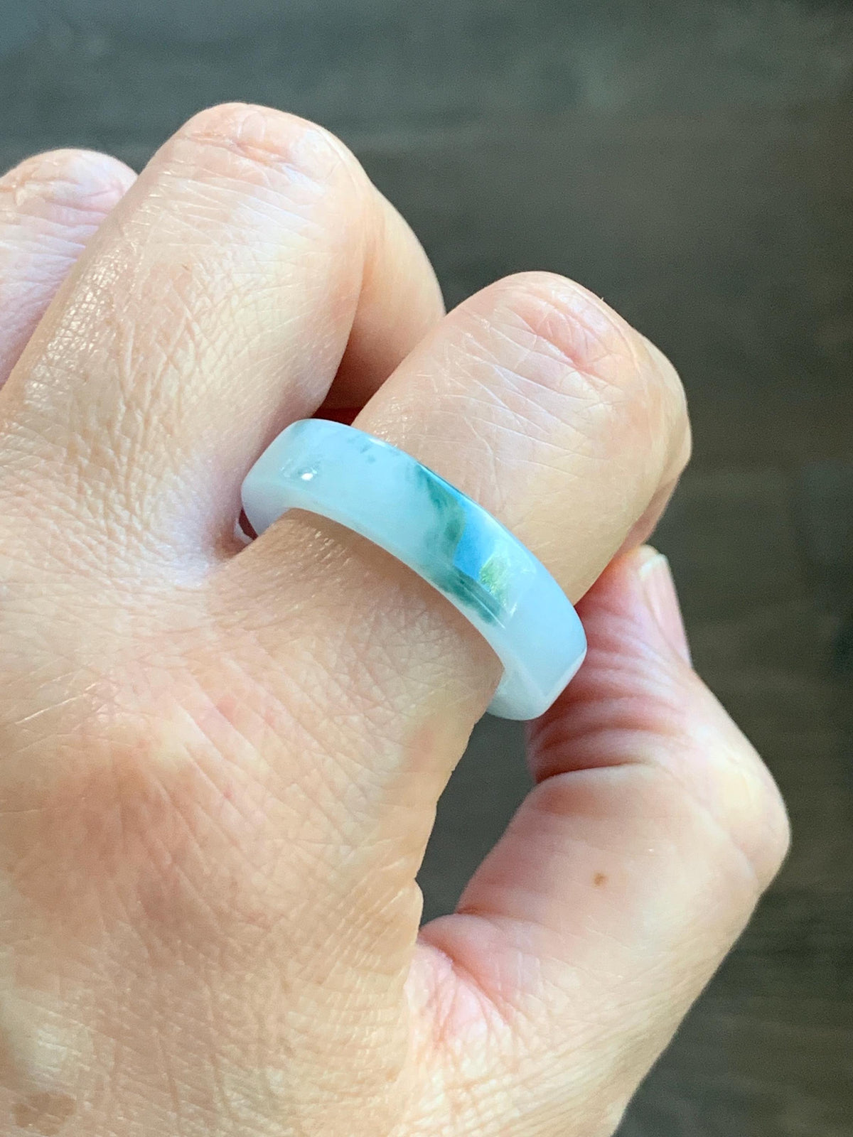 Certified Natural Grade A Icy Translucent Teal Green Marbled Jade Jadeite Square Edged Band Ring Size 8.75 US 6.23g 天然冰胶白飘花翡翠角戒戒圈 1174