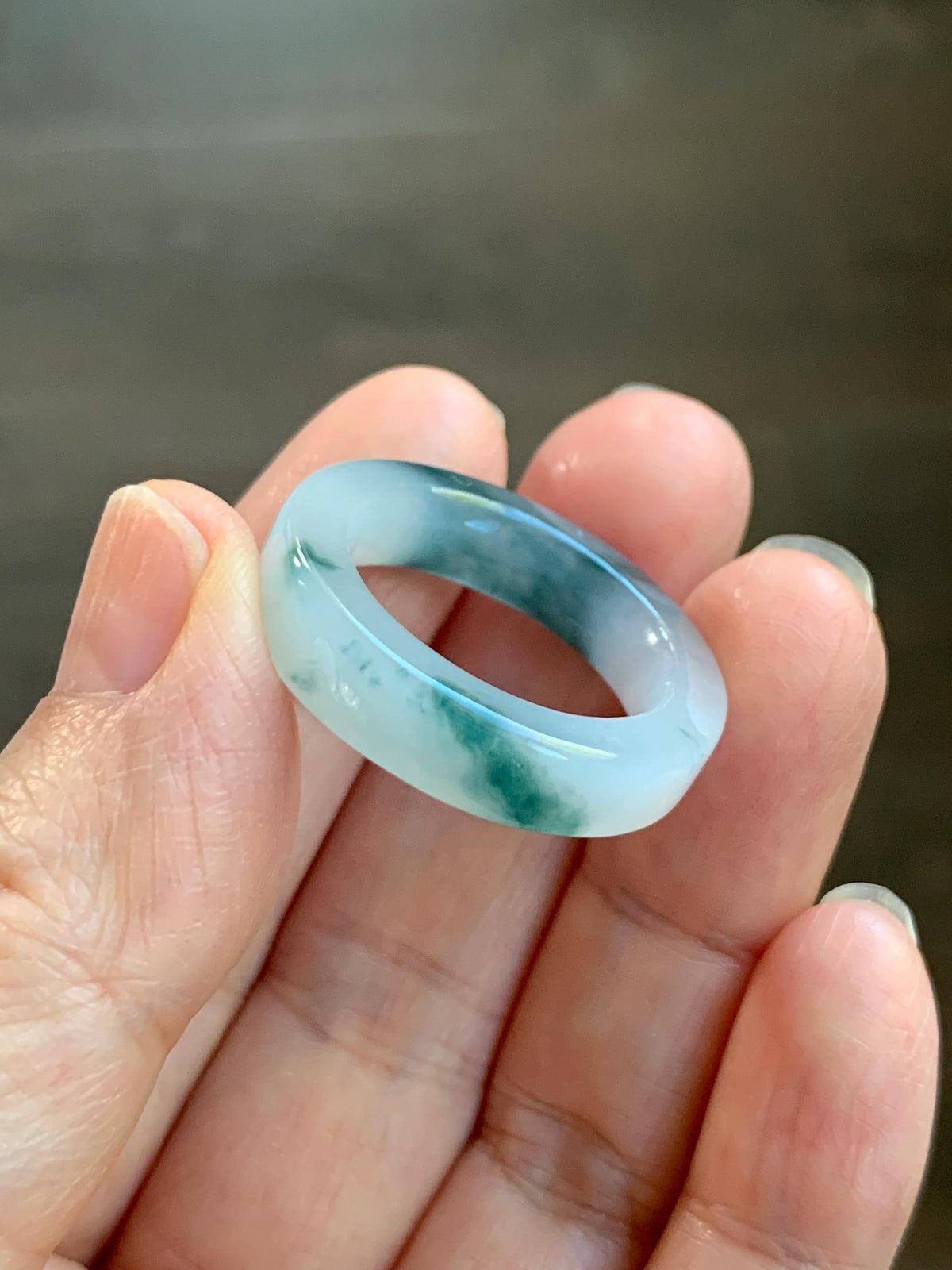 Certified Natural Grade A Icy Translucent Teal Green Marbled Jade Jadeite Square Edged Band Ring Size 8.75 US 6.23g 天然冰胶白飘花翡翠角戒戒圈 1174