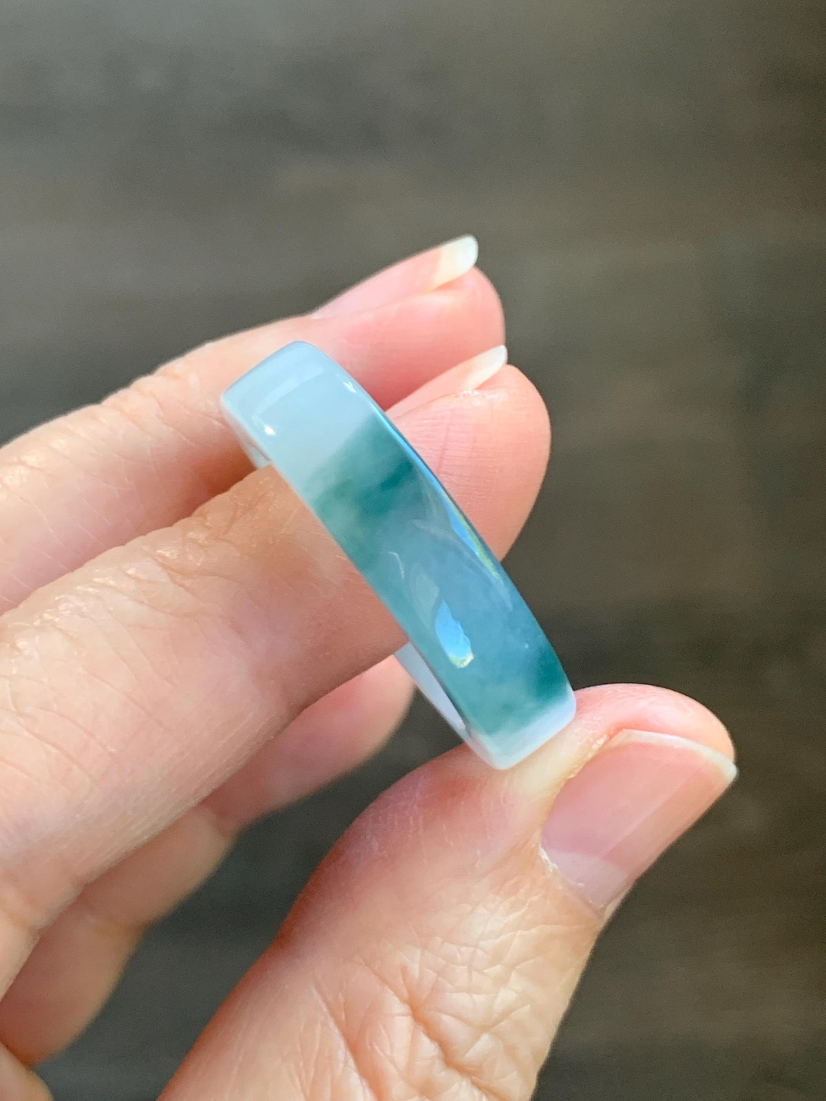 Certified Natural Grade A Icy Translucent Teal Green Marbled Jade Jadeite Square Edged Band Ring Size 8.75 US 6.23g 天然冰胶白飘花翡翠角戒戒圈 1174
