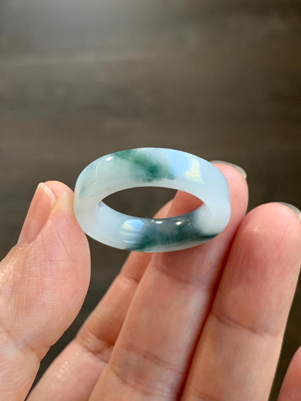 Certified Natural Grade A Icy Translucent Teal Green Marbled Jade Jadeite Square Edged Band Ring Size 8.75 US 6.23g 天然冰胶白飘花翡翠角戒戒圈 1174