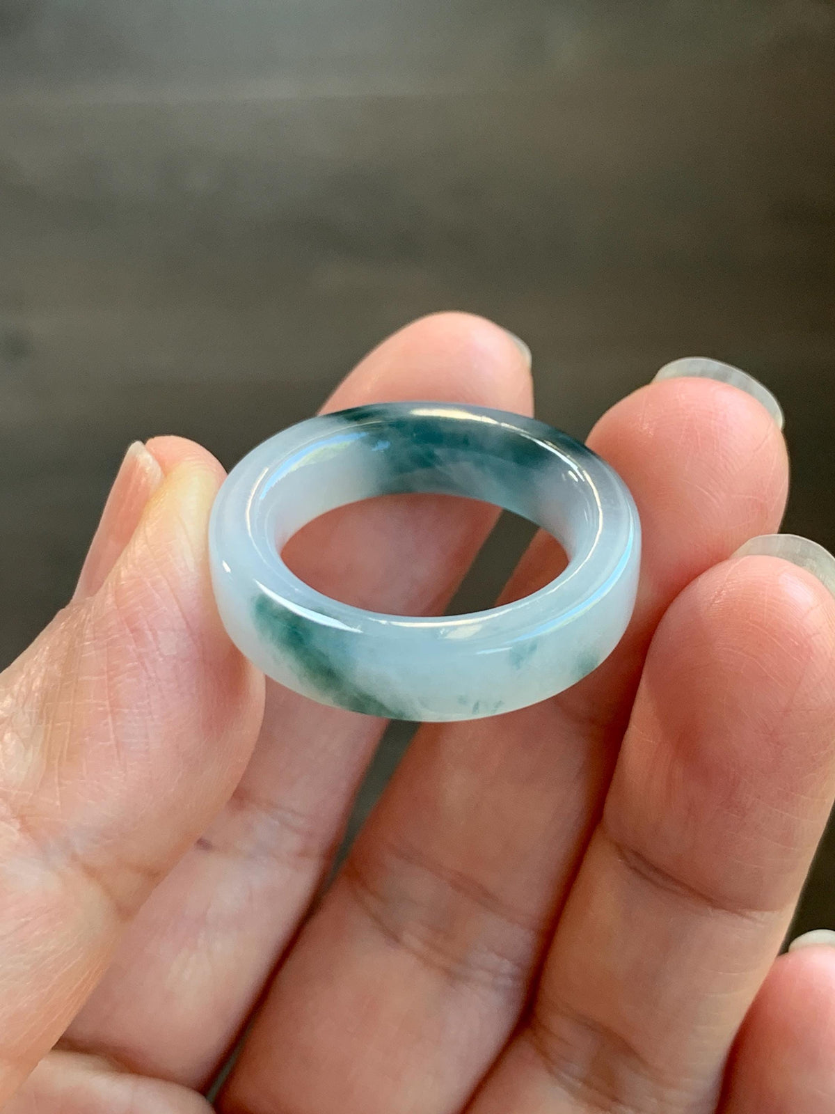 Certified Natural Grade A Icy Translucent Teal Green Marbled Jade Jadeite Square Edged Band Ring Size 8.75 US 6.23g 天然冰胶白飘花翡翠角戒戒圈 1174