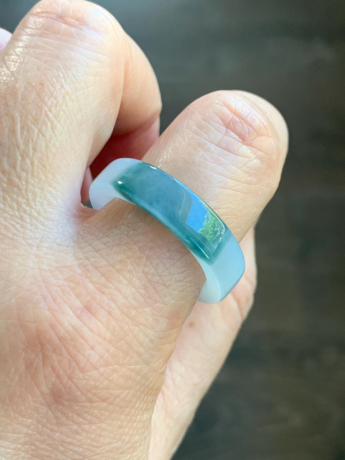 Certified Natural Grade A Icy Translucent Teal Green Marbled Jade Jadeite Square Edged Band Ring Size 8.75 US 6.23g 天然冰胶白飘花翡翠角戒戒圈 1174