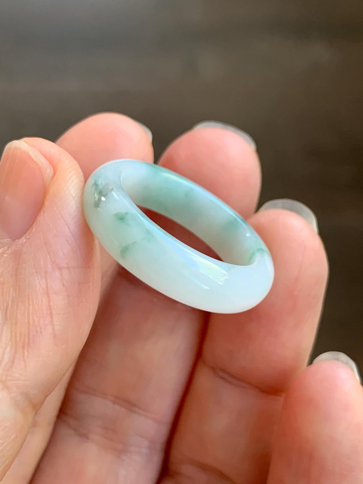 Natural Grade A Icy Translucent White & Green Marbled Jade Jadeite Band Ring Size 7.75 US 4g 天然白冰飘绿花翡翠戒圈 MBL220D