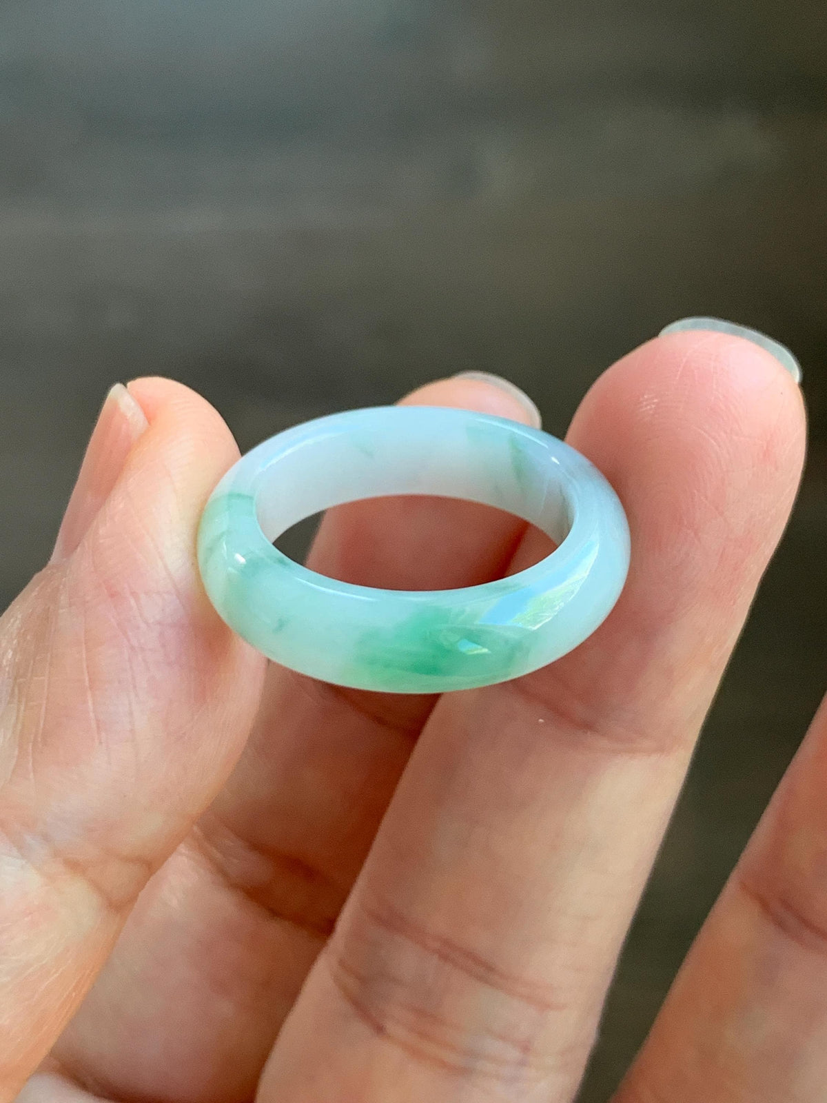 Natural Grade A Icy Translucent White & Green Marbled Jade Jadeite Band Ring Size 7.75 US 4g 天然白冰飘绿花翡翠戒圈 MBL220D
