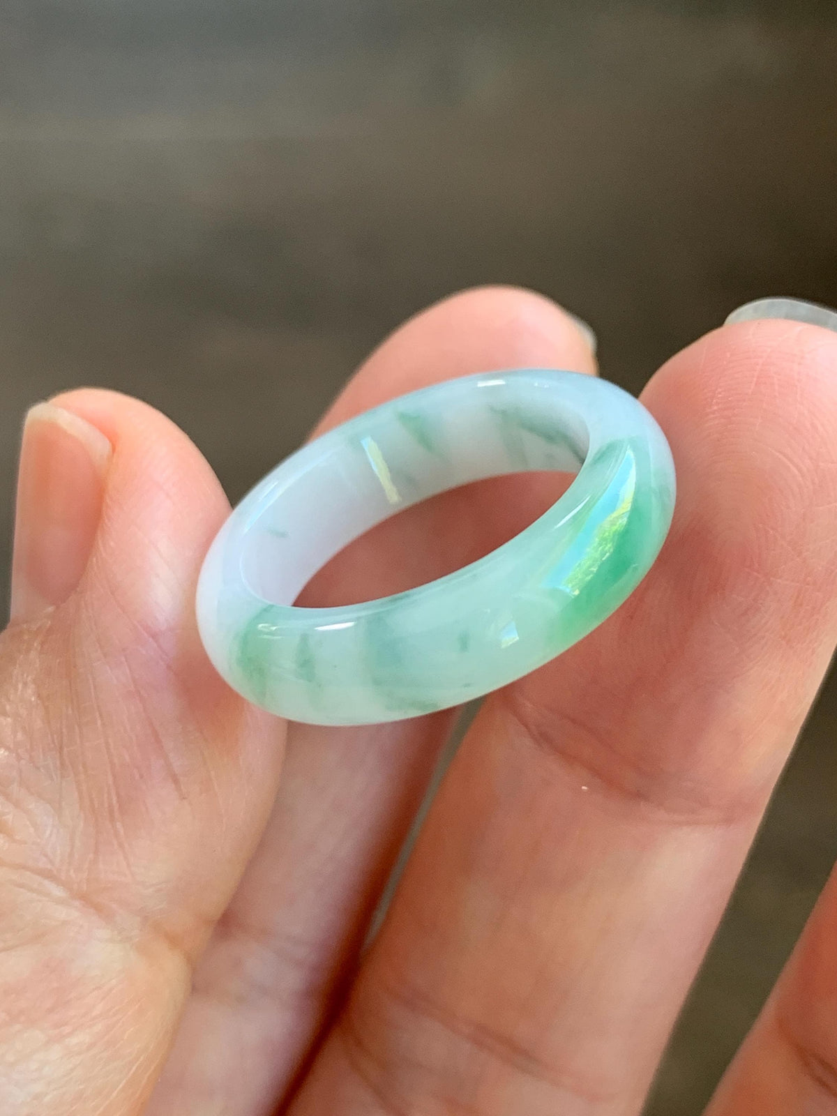 Natural Grade A Icy Translucent White & Green Marbled Jade Jadeite Band Ring Size 7.75 US 4g 天然白冰飘绿花翡翠戒圈 MBL220D