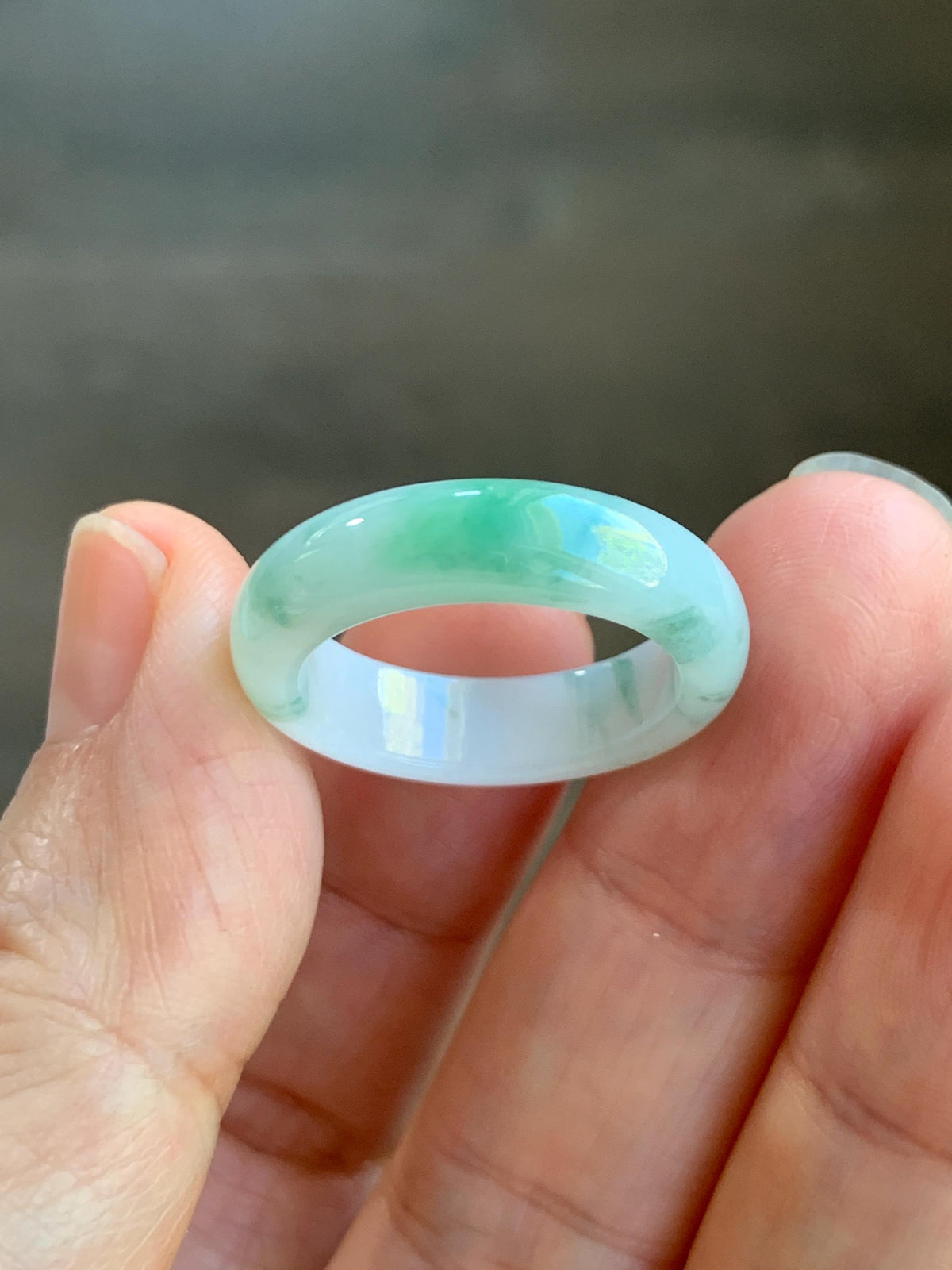 Natural Grade A Icy Translucent White & Green Marbled Jade Jadeite Band Ring Size 7.75 US 4g 天然白冰飘绿花翡翠戒圈 MBL220D