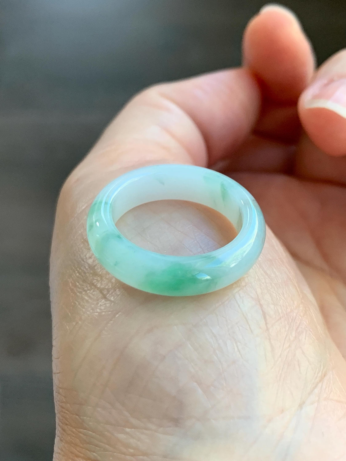 Natural Grade A Icy Translucent White & Green Marbled Jade Jadeite Band Ring Size 7.75 US 4g 天然白冰飘绿花翡翠戒圈 MBL220D