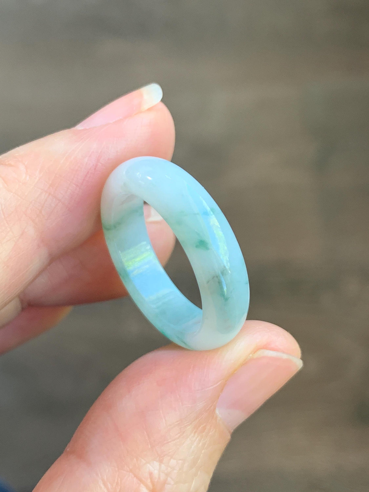 Natural Grade A Icy Translucent White & Green Marbled Jade Jadeite Band Ring Size 7.75 US 4g 天然白冰飘绿花翡翠戒圈 MBL220D