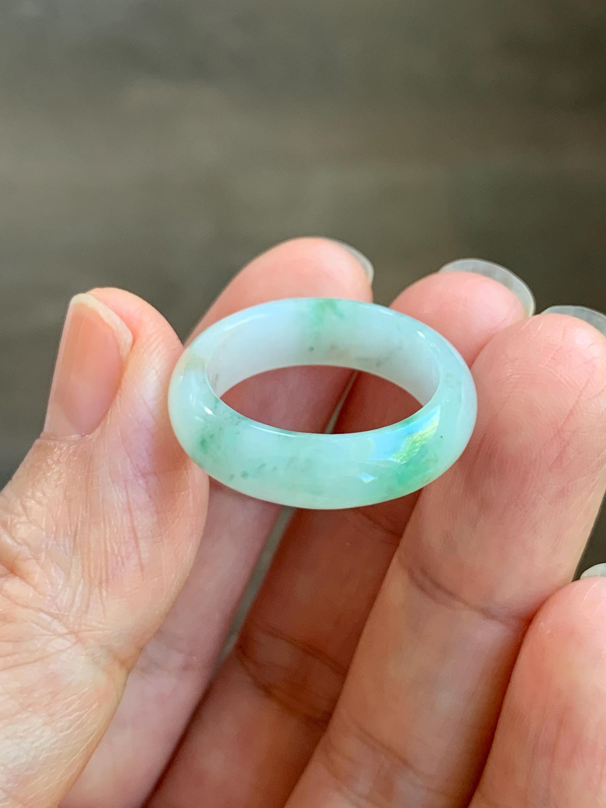 Natural Grade A Icy Translucent White & Green Marbled Jade Jadeite Band Ring Size 7.75 US 4g 天然白冰飘绿花翡翠戒圈 MBL220B