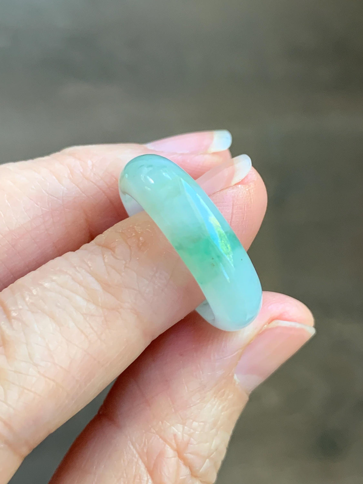 Natural Grade A Icy Translucent White & Green Marbled Jade Jadeite Band Ring Size 7.75 US 4g 天然白冰飘绿花翡翠戒圈 MBL220B