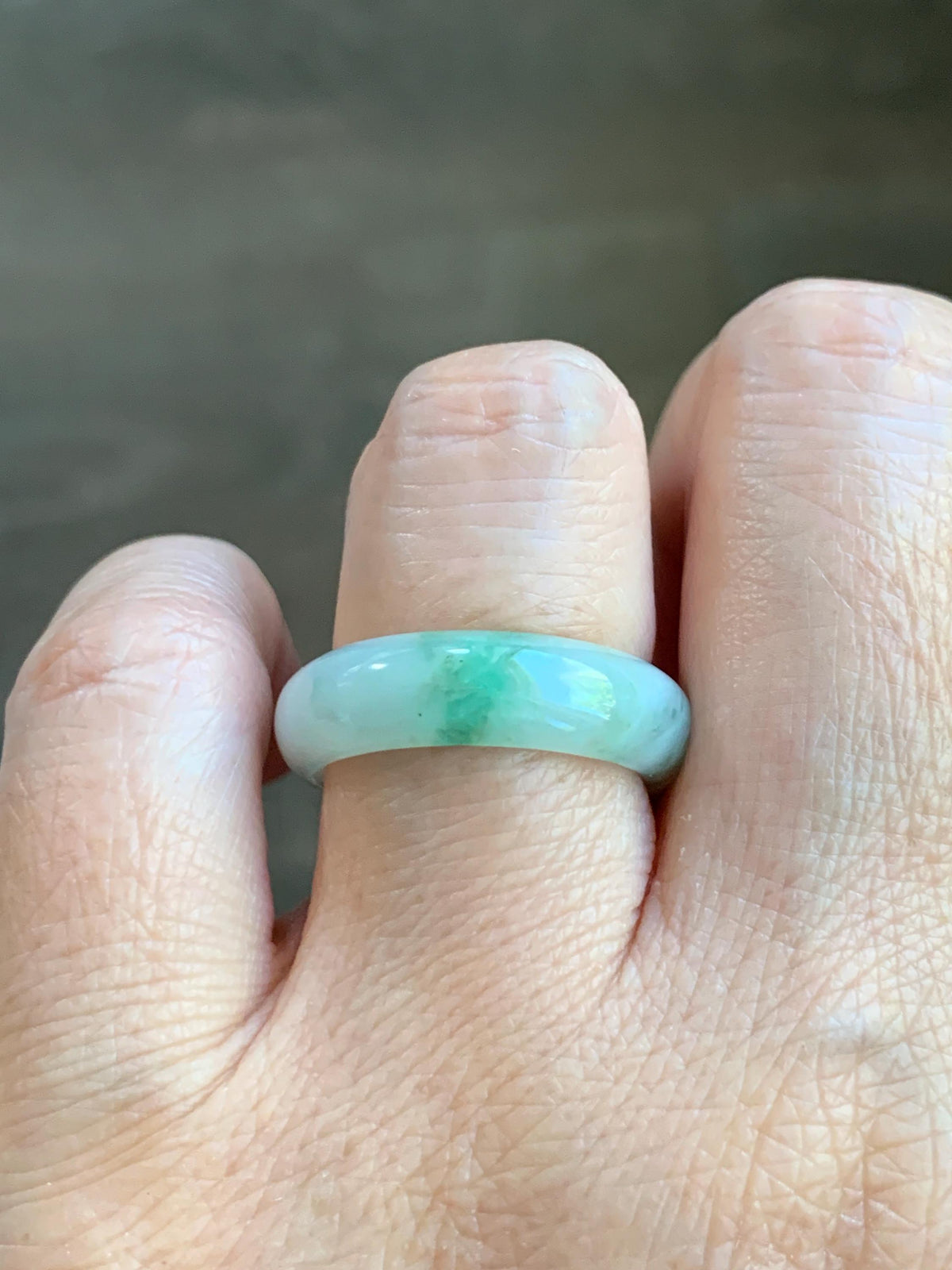Natural Grade A Icy Translucent White & Green Marbled Jade Jadeite Band Ring Size 7.75 US 4g 天然白冰飘绿花翡翠戒圈 MBL220B
