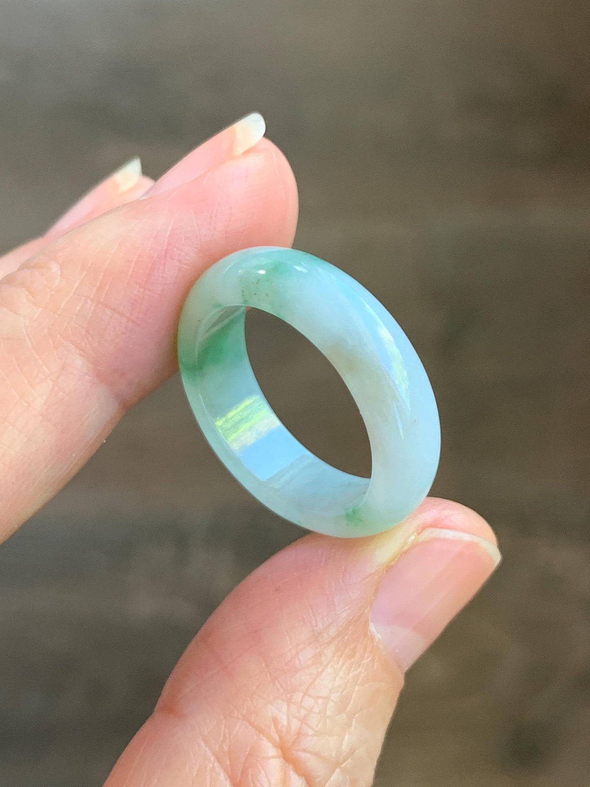 Natural Grade A Icy Translucent White & Green Marbled Jade Jadeite Band Ring Size 7.75 US 4g 天然白冰飘绿花翡翠戒圈 MBL220B