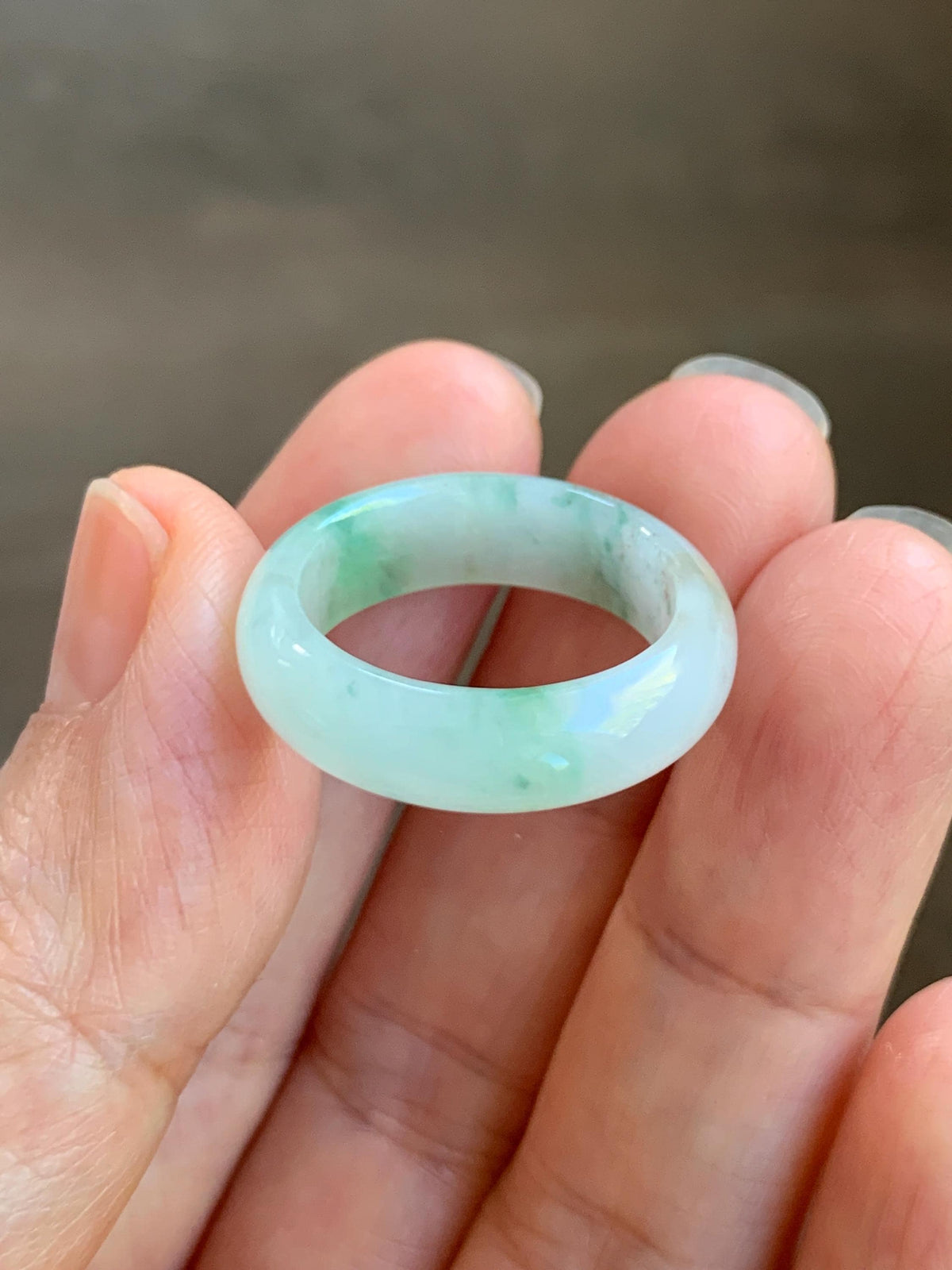 Natural Grade A Icy Translucent White & Green Marbled Jade Jadeite Band Ring Size 7.75 US 4g 天然白冰飘绿花翡翠戒圈 MBL220B