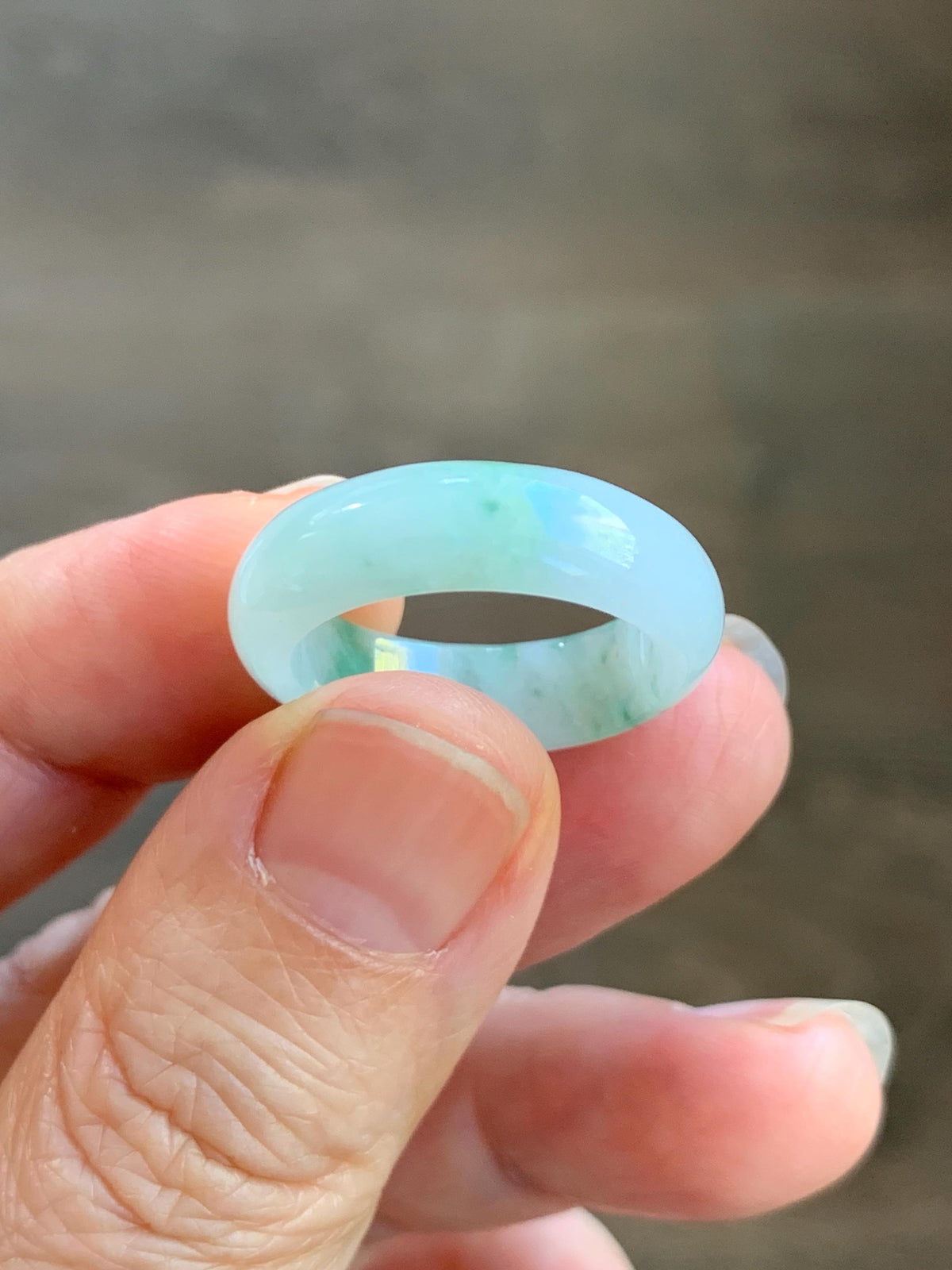 Natural Grade A Icy Translucent White & Green Marbled Jade Jadeite Band Ring Size 7.75 US 4g 天然白冰飘绿花翡翠戒圈 MBL220B