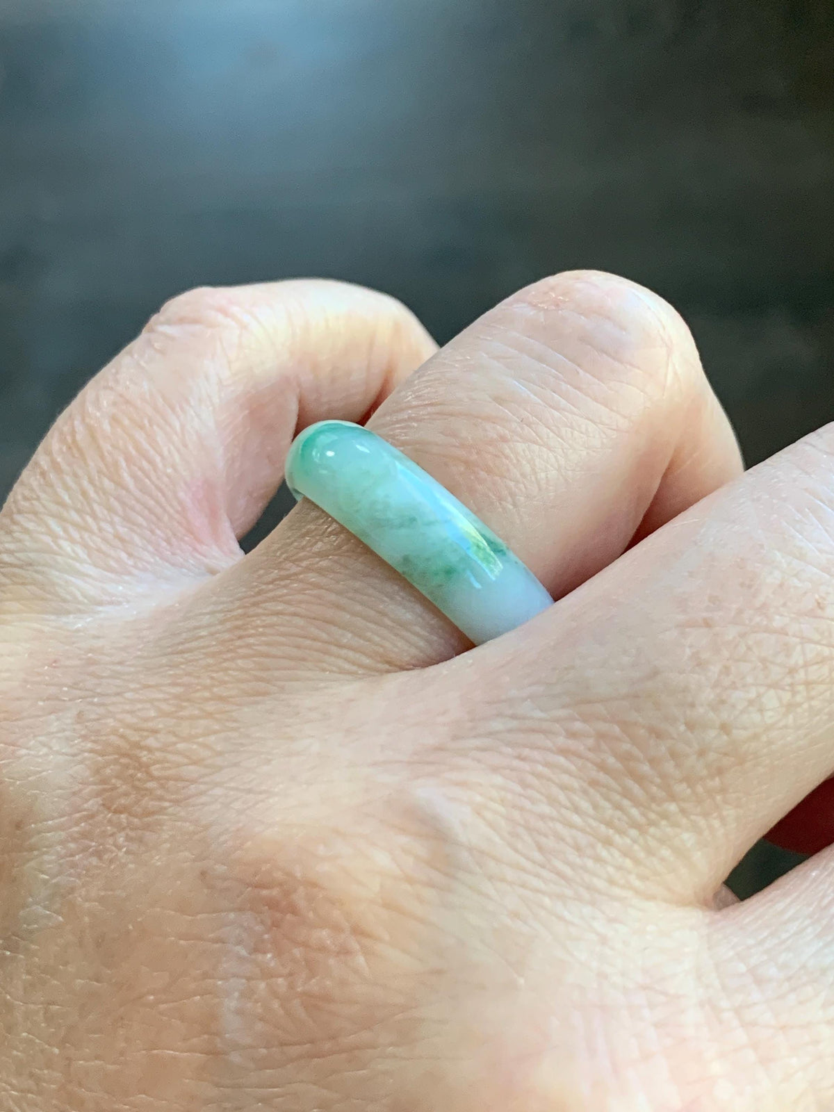 Natural Grade A Icy Translucent White & Green Marbled Jade Jadeite Band Ring Size 7.75 US 4g 天然白冰飘绿花翡翠戒圈 MBL220B