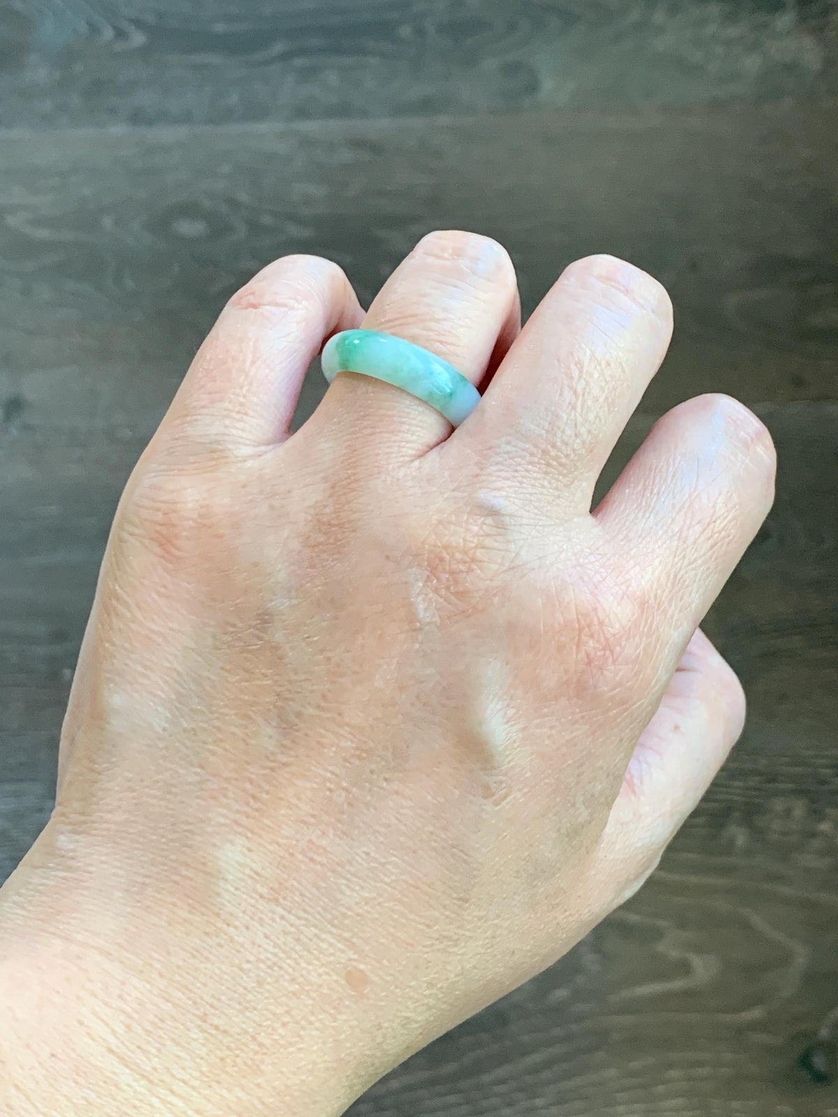 Natural Grade A Icy Translucent White & Green Marbled Jade Jadeite Band Ring Size 7.75 US 4g 天然白冰飘绿花翡翠戒圈 MBL220B