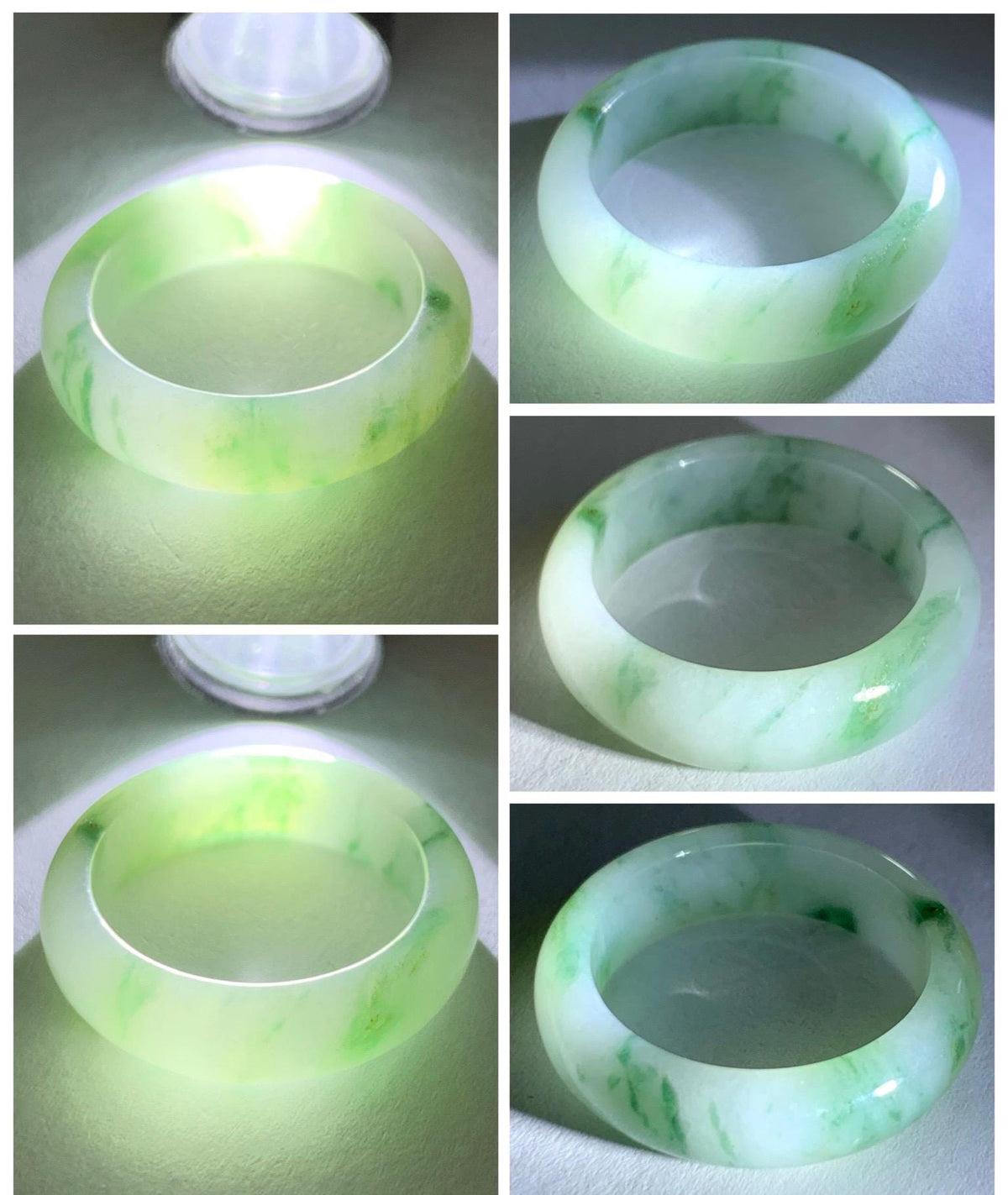 Natural Grade A Icy Translucent White & Green Marbled Jade Jadeite Band Ring Size 8.5 US 4g 天然白冰飘绿花翡翠戒圈 MBL220A