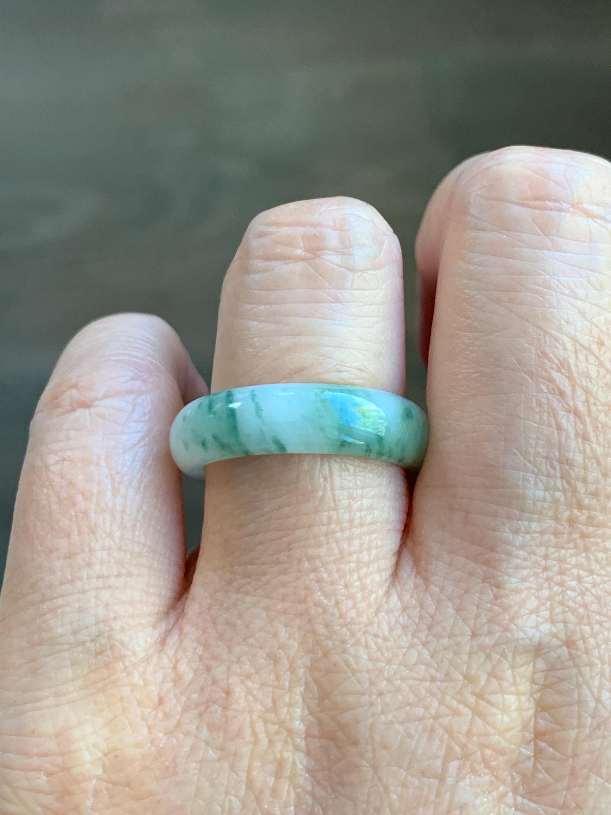 Natural Grade A Icy Translucent White & Green Marbled Jade Jadeite Band Ring Size 8.5 US 4g 天然白冰飘绿花翡翠戒圈 MBL220A