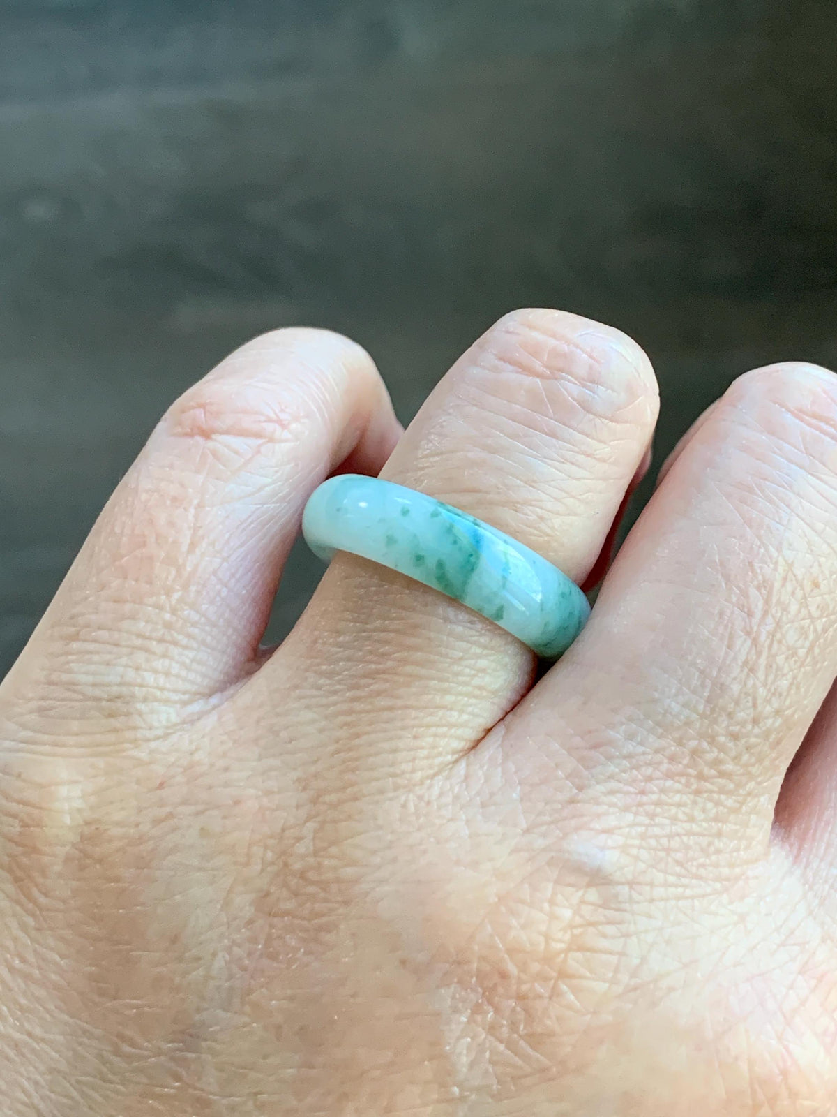 Natural Grade A Icy Translucent White & Green Marbled Jade Jadeite Band Ring Size 8.5 US 4g 天然白冰飘绿花翡翠戒圈 MBL220A
