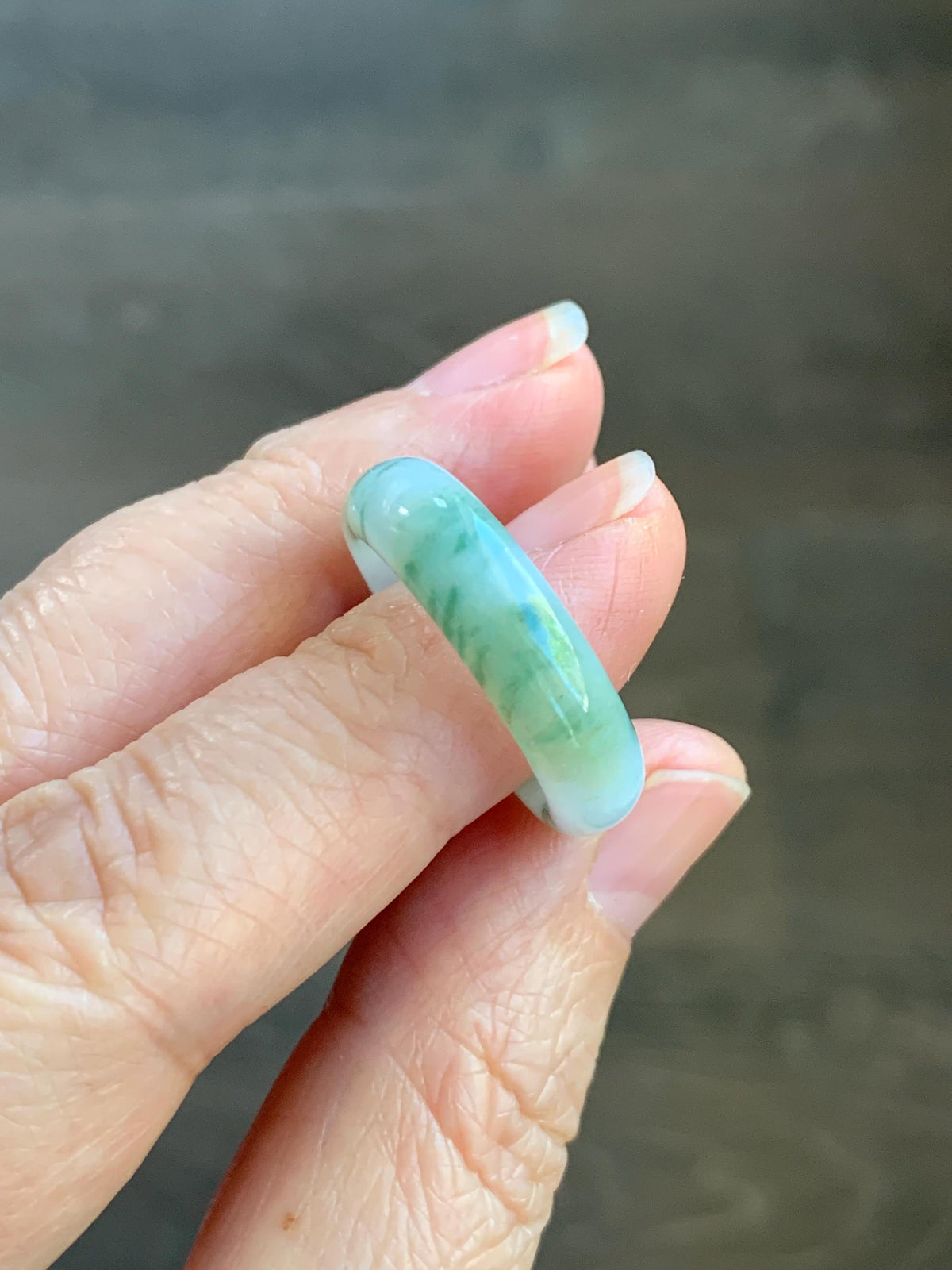 Natural Grade A Icy Translucent White & Green Marbled Jade Jadeite Band Ring Size 8.5 US 4g 天然白冰飘绿花翡翠戒圈 MBL220A