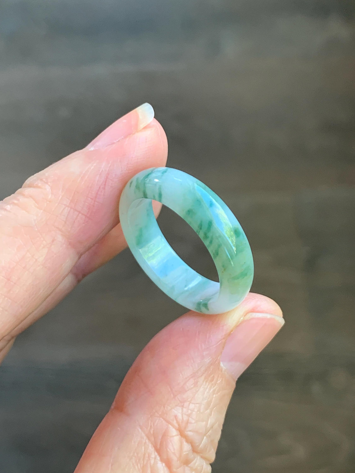 Natural Grade A Icy Translucent White & Green Marbled Jade Jadeite Band Ring Size 8.5 US 4g 天然白冰飘绿花翡翠戒圈 MBL220A