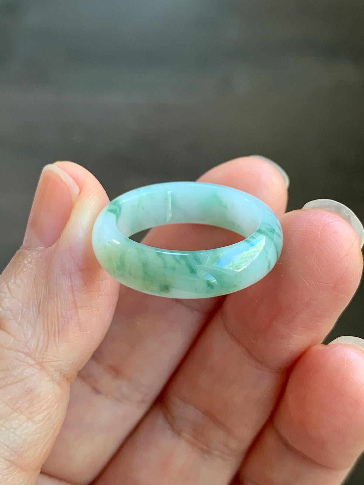 Natural Grade A Icy Translucent White & Green Marbled Jade Jadeite Band Ring Size 8.5 US 4g 天然白冰飘绿花翡翠戒圈 MBL220A