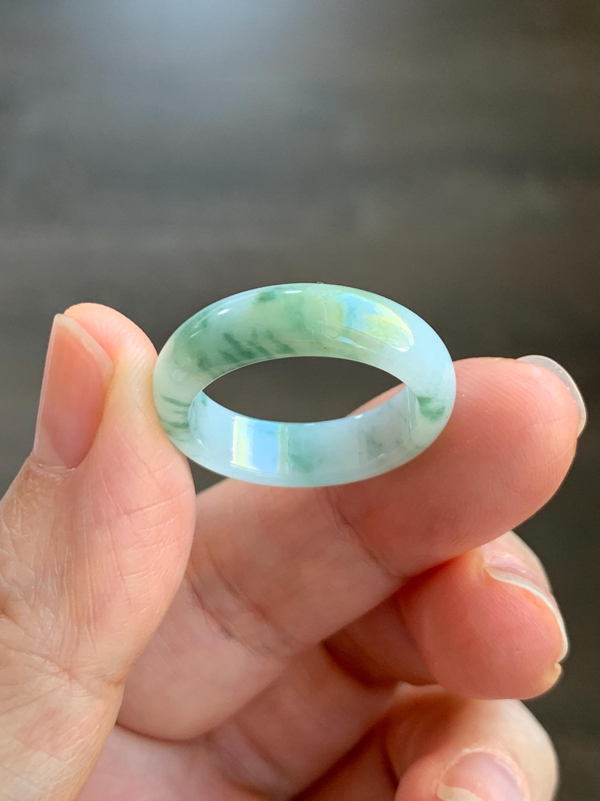 Natural Grade A Icy Translucent White & Green Marbled Jade Jadeite Band Ring Size 8.5 US 4g 天然白冰飘绿花翡翠戒圈 MBL220A