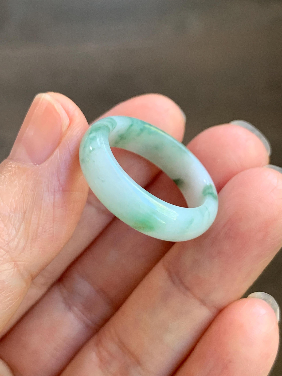 Natural Grade A Icy Translucent White & Green Marbled Jade Jadeite Band Ring Size 8.5 US 4g 天然白冰飘绿花翡翠戒圈 MBL220A