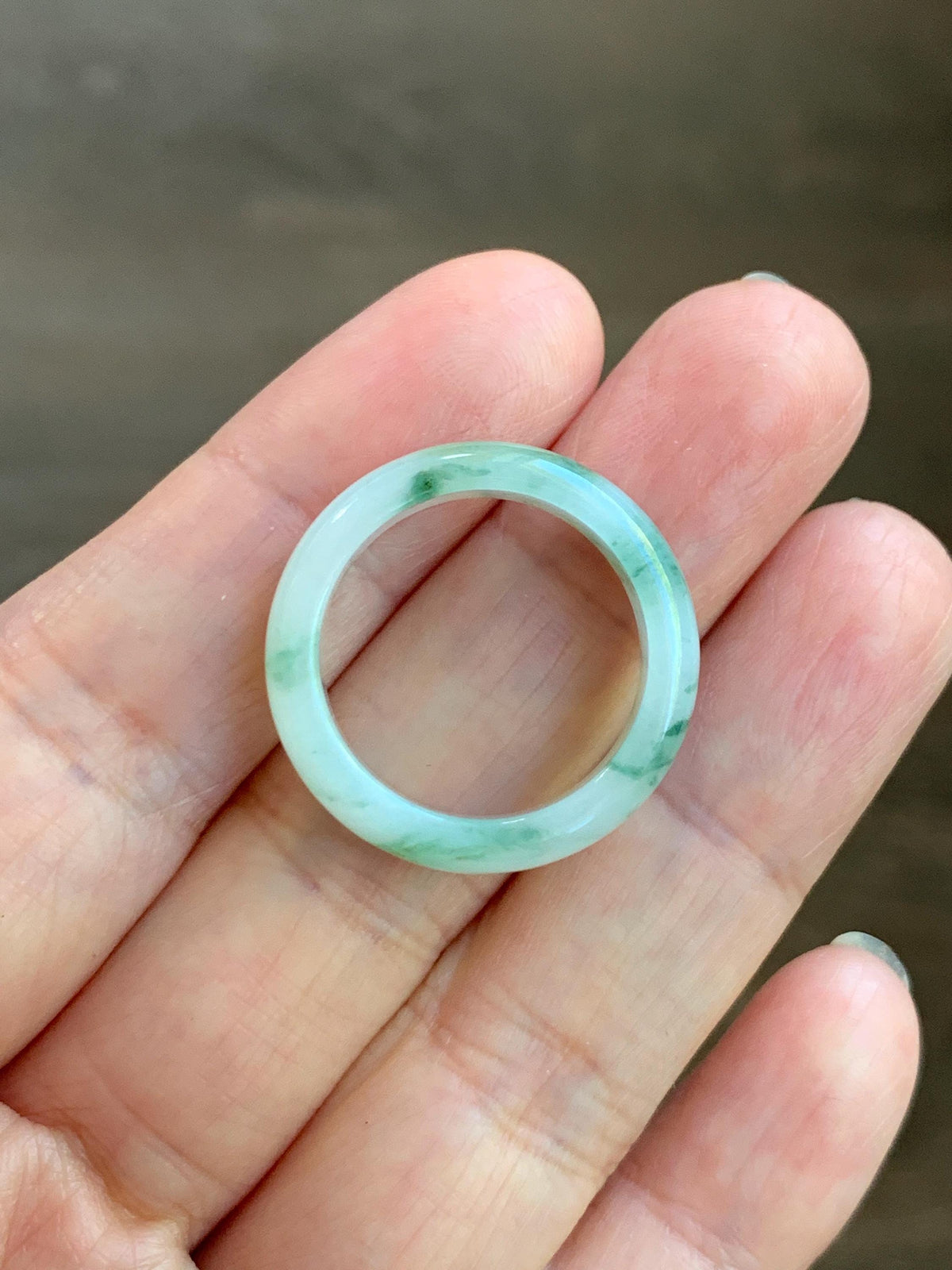 Natural Grade A Icy Translucent White & Green Marbled Jade Jadeite Band Ring Size 8.5 US 4g 天然白冰飘绿花翡翠戒圈 MBL220A