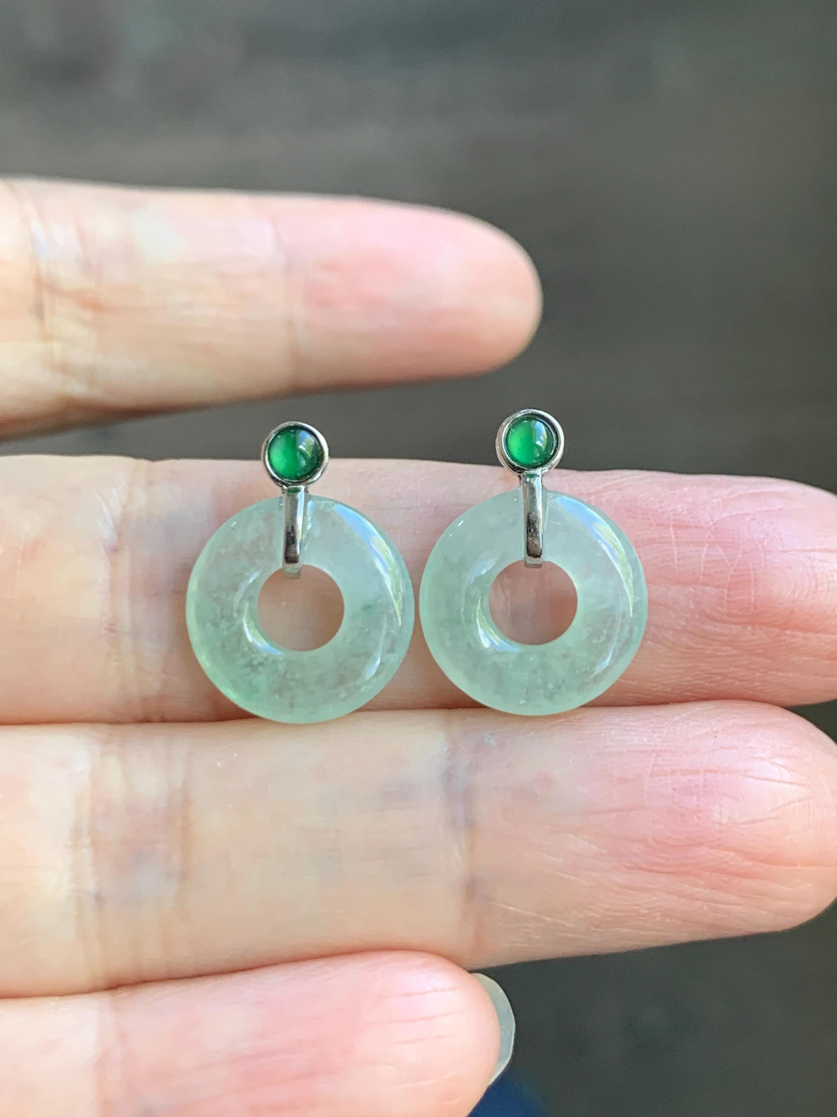 Natural Grade A Icy Highly Translucent Light Green Jade Jadeite Ping An Kou Donut Stud Earrings Sterling Silver 天然冰晴底翡翠平安扣耳钉 MQS240A