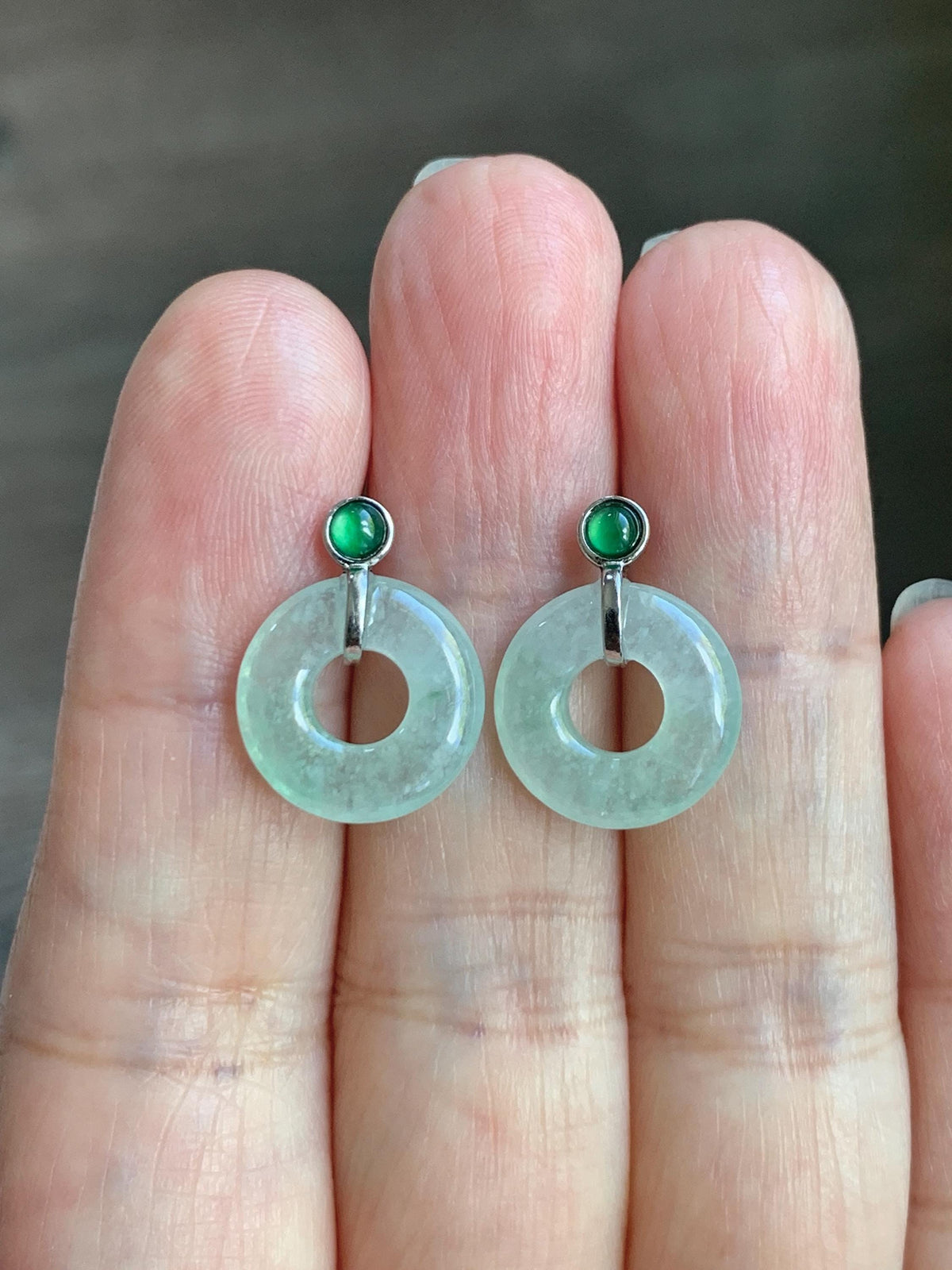 Natural Grade A Icy Highly Translucent Light Green Jade Jadeite Ping An Kou Donut Stud Earrings Sterling Silver 天然冰晴底翡翠平安扣耳钉 MQS240A