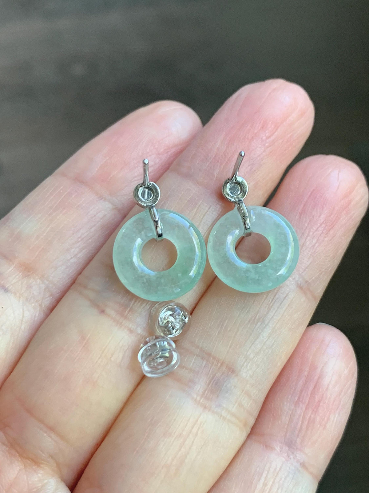 Natural Grade A Icy Highly Translucent Light Green Jade Jadeite Ping An Kou Donut Stud Earrings Sterling Silver 天然冰晴底翡翠平安扣耳钉 MQS240A