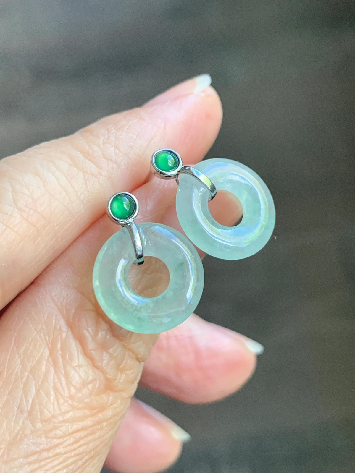 Natural Grade A Icy Highly Translucent Light Green Jade Jadeite Ping An Kou Donut Stud Earrings Sterling Silver 天然冰晴底翡翠平安扣耳钉 MQS240A