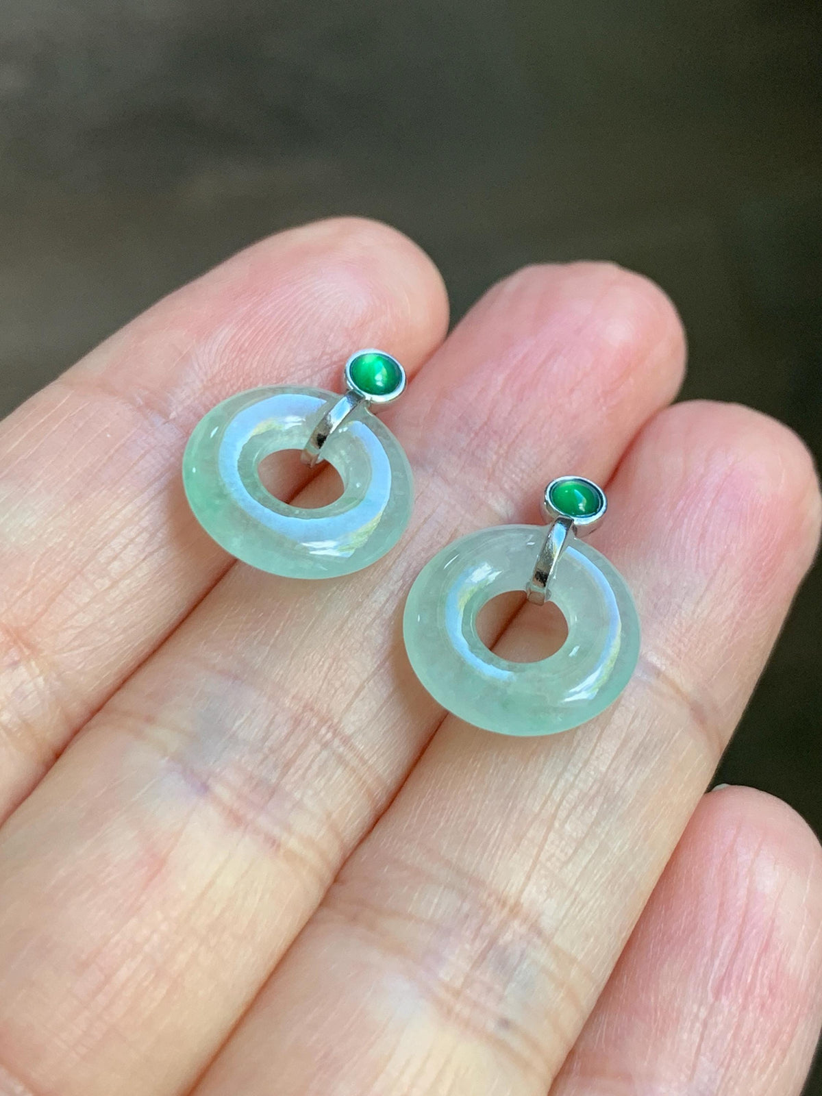 Natural Grade A Icy Highly Translucent Light Green Jade Jadeite Ping An Kou Donut Stud Earrings Sterling Silver 天然冰晴底翡翠平安扣耳钉 MQS240A