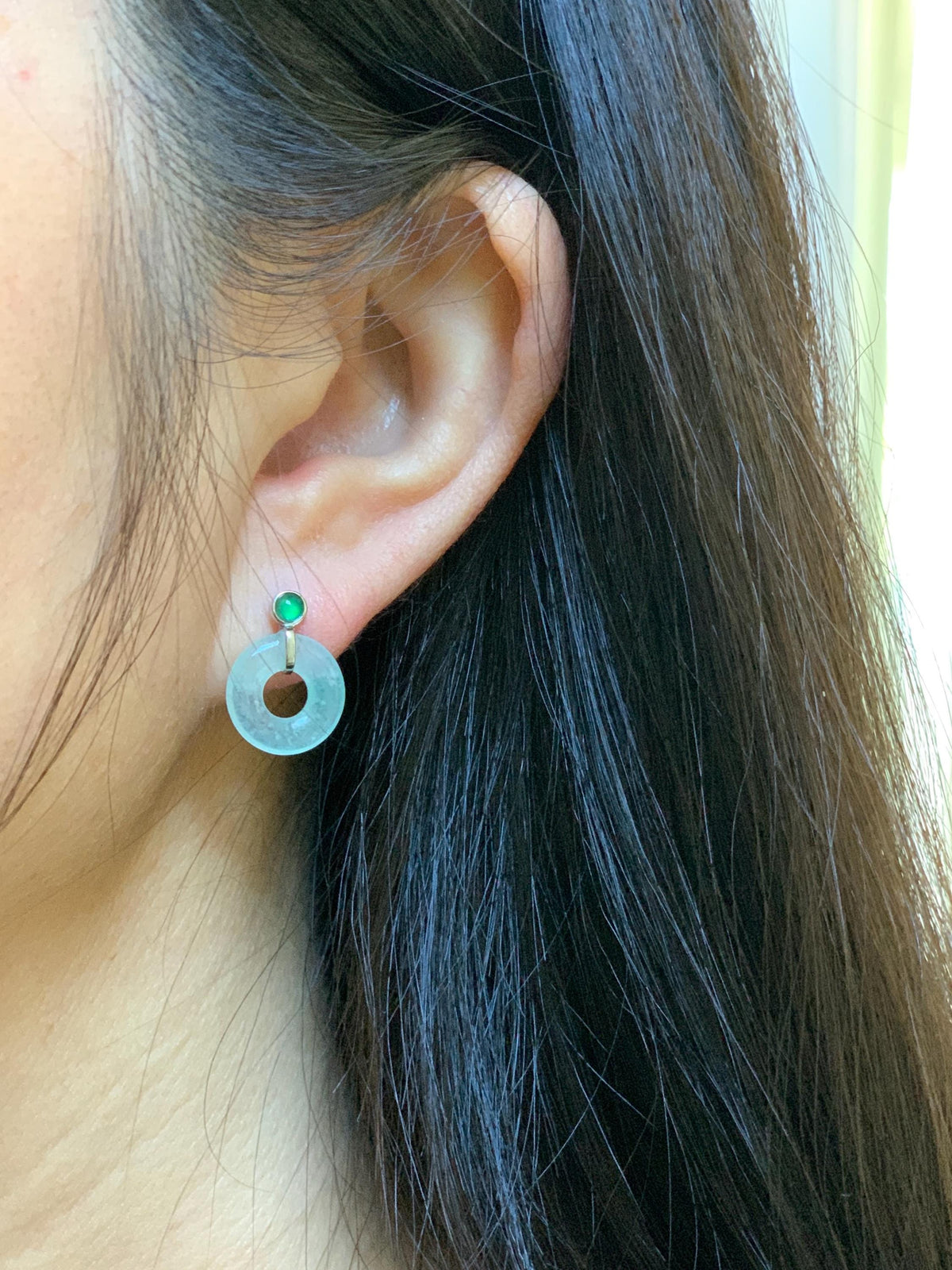 Natural Grade A Icy Highly Translucent Light Green Jade Jadeite Ping An Kou Donut Stud Earrings Sterling Silver 天然冰晴底翡翠平安扣耳钉 MQS240A