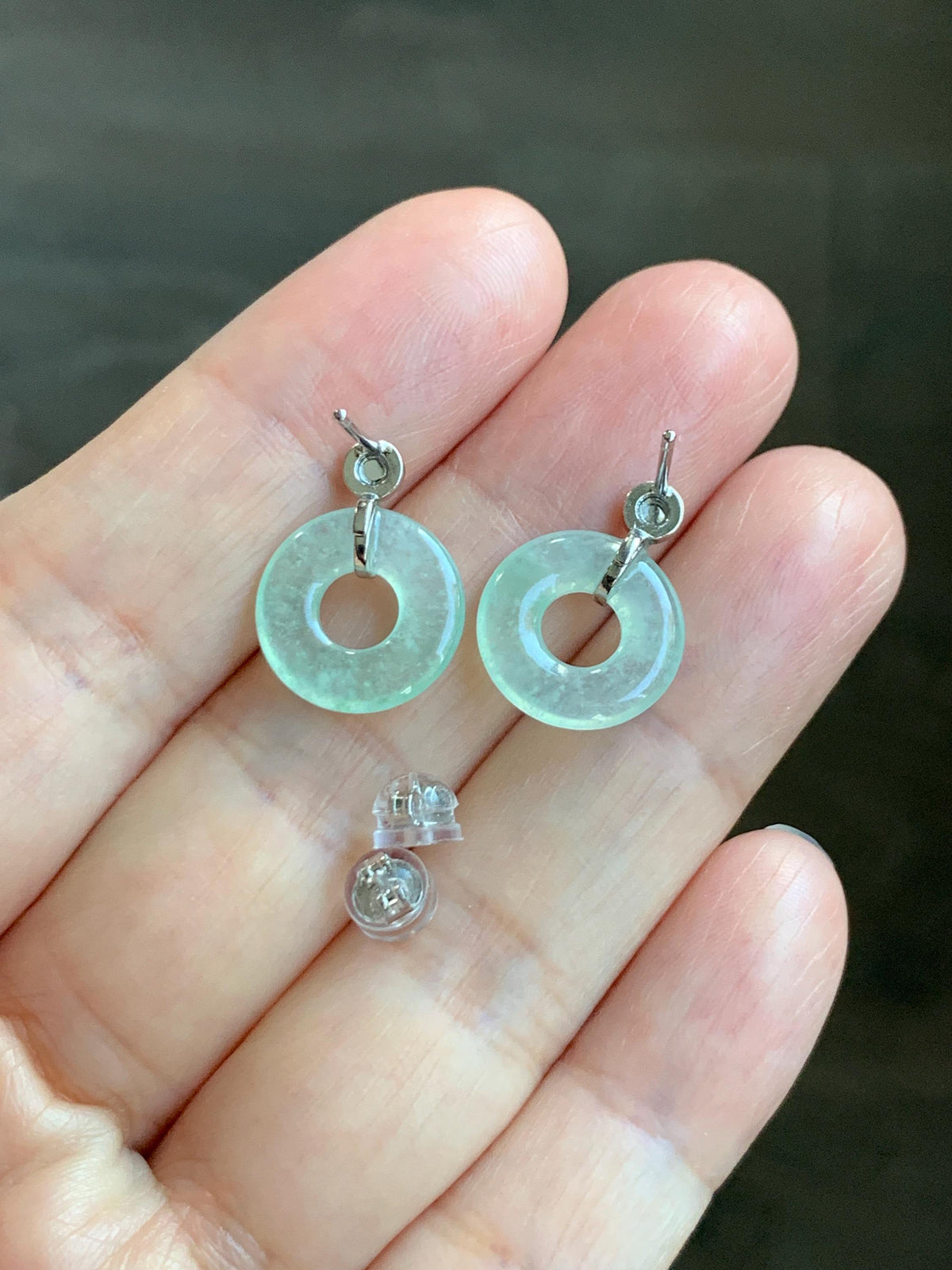 Natural Grade A Icy Highly Translucent Light Green Jade Jadeite Ping An Kou Donut Stud Earrings Sterling Silver 天然冰晴底翡翠平安扣耳钉 MQS240B